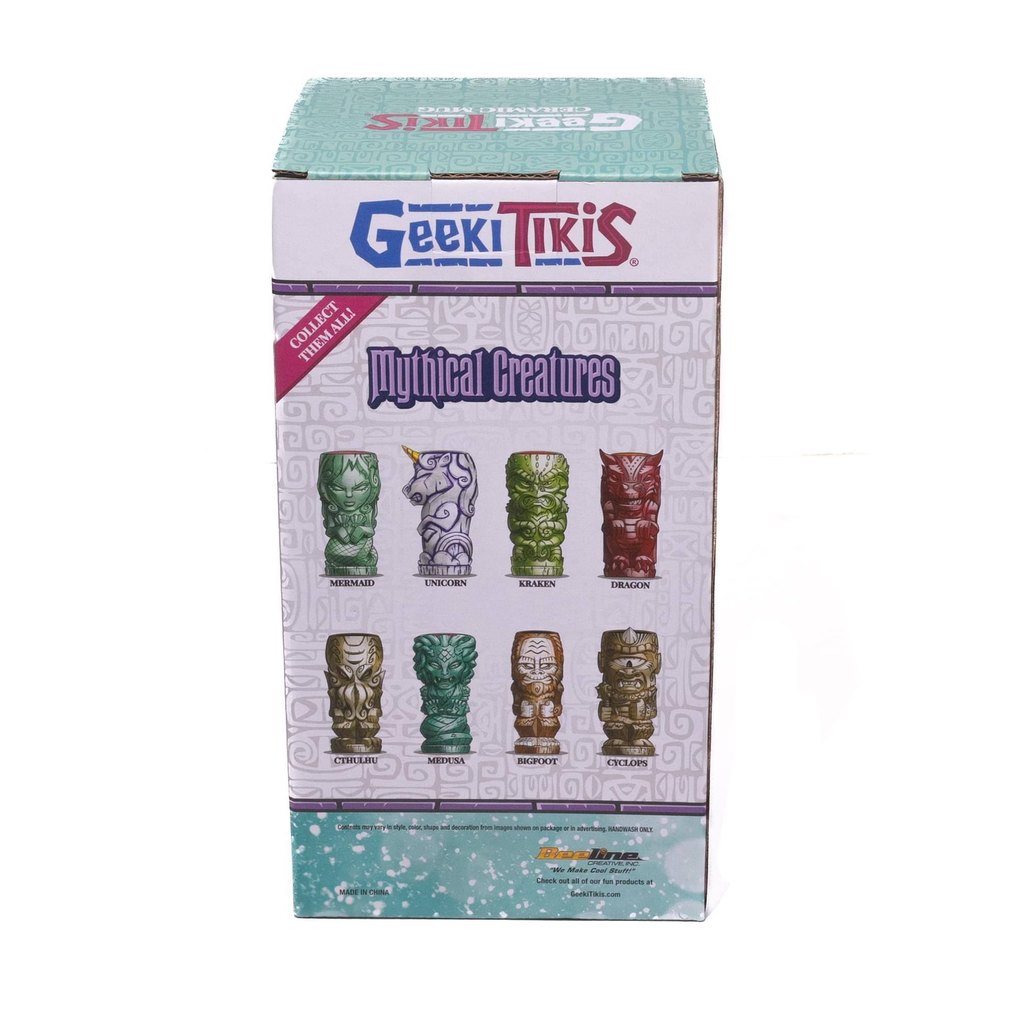 Geeki Tikis  
Mythical Creatures  
Collect Them All!  

- Mermaid  
- Unicorn  
- Kraken  
- Dragon  
- Cthulhu  
- Medusa  
- Bigfoot  
- Cyclops  

Made in China