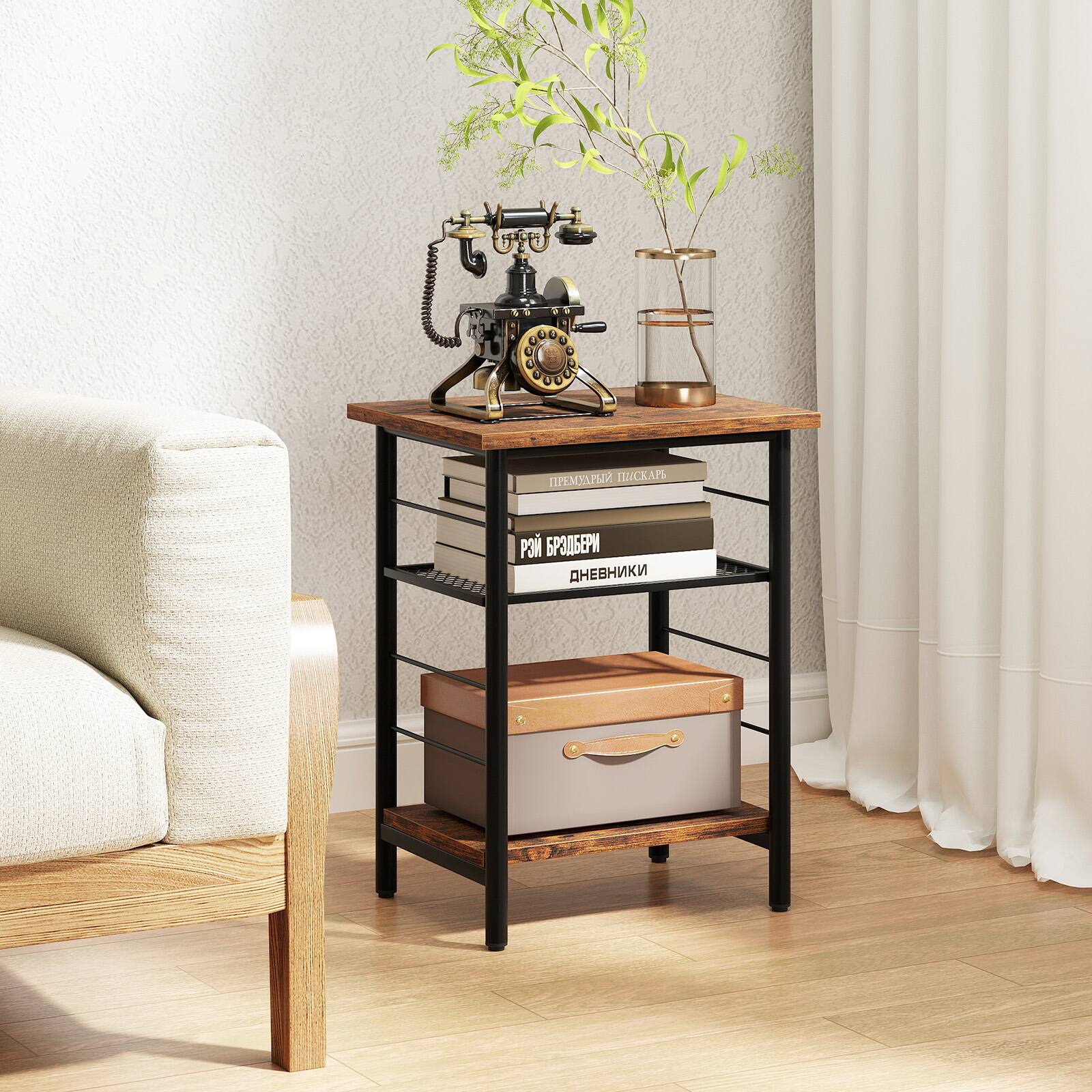 Alt View 4. Gymax - Gymax 2PCS 3-Tier Side End Table w/ Adjustable Mesh Shelf Narrow Nightstand - Rustic Brown.