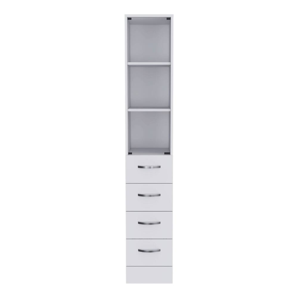 Angle. TinyHomie - Linen Cabinet 68in H Three Shelves Four Drawers and Metal handles White - White.