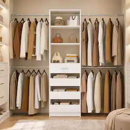 Aheaplus - 4-9FT Adjustable Wooden Closet Organizer, 4 Drawers & 4 Hanging Rods, Heavy Duty Walk-in Wardrobe System - White