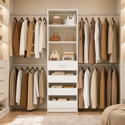 Front. Aheaplus - 4-9FT Adjustable Wooden Closet Organizer, 4 Drawers & 4 Hanging Rods, Heavy Duty Walk-in Wardrobe System - White.
