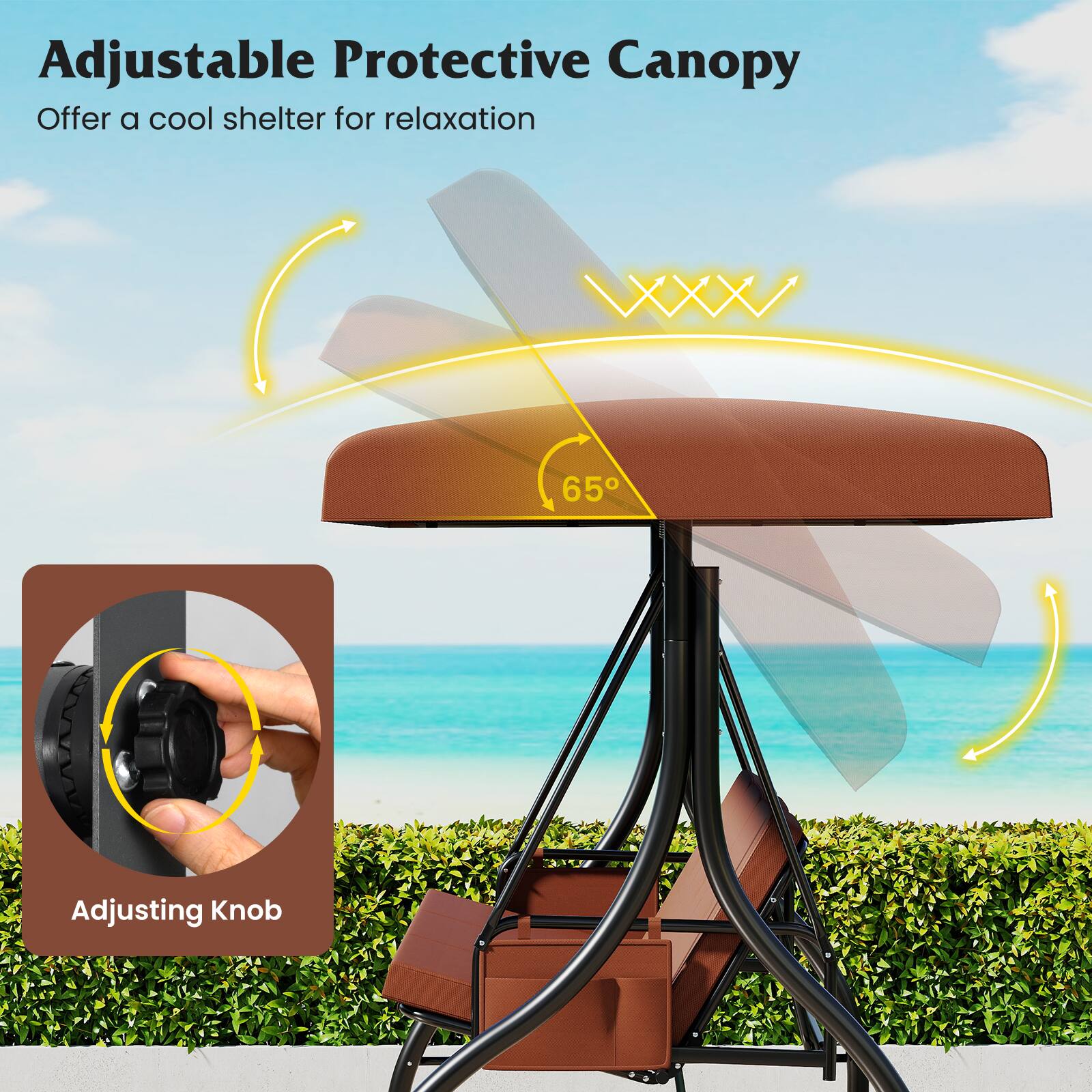 Alt View 1. Gymax - Gymax 3-Seat Patio Swing w/ Canopy & Removable Cushions & Side Pockets Stand Brown - Brown.