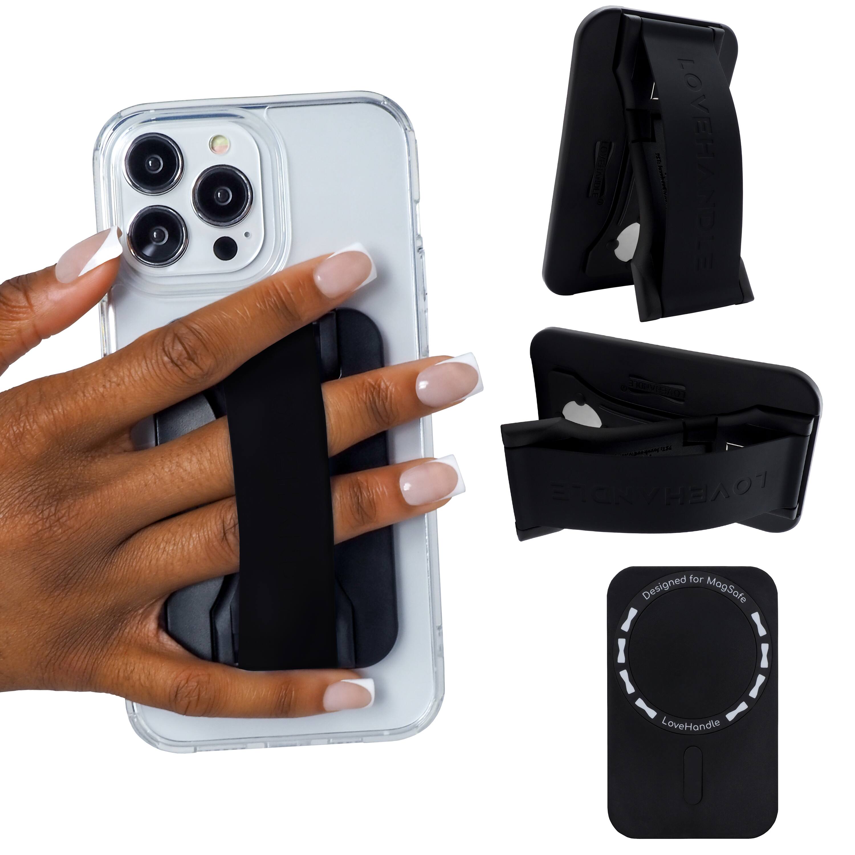 The image shows a person holding a white cell phone with a black case. The phone case has a unique design, featuring a heart-shaped handle. There are also two additional cases displayed in the image, one of which is a wallet case. The person's hand is visible in the foreground, and the cell phone is prominently displayed in the center of the image.