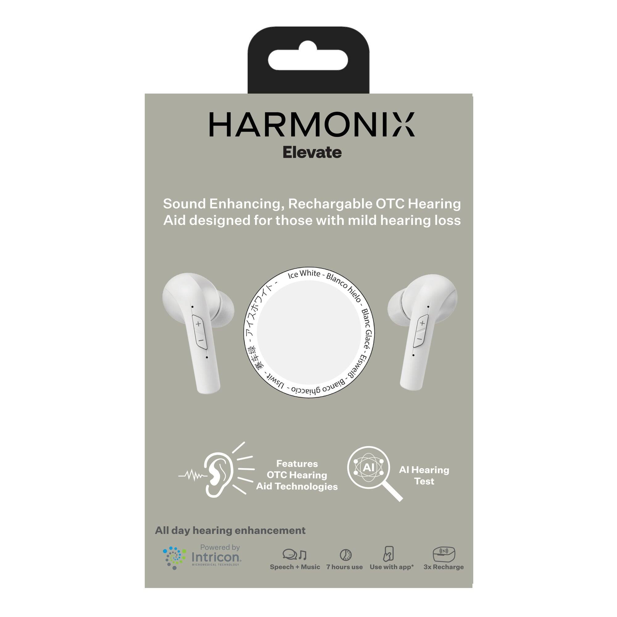 HARMONIX Elevate  
Sound Enhancing, Rechargeable OTC Hearing Aid designed for those with mild hearing loss  
Ice White Blanco hielo + Blanc Glac + Uswit- Bianco Eiswei ghiaccio  

Features:  
- OTC Hearing Aid Technologies  
- AI Hearing Test  
- All day hearing enhancement  
- Powered by Intricon  
- Speech + Music  
- 7 hours use  
- Use with app'  
- 3x Recharge