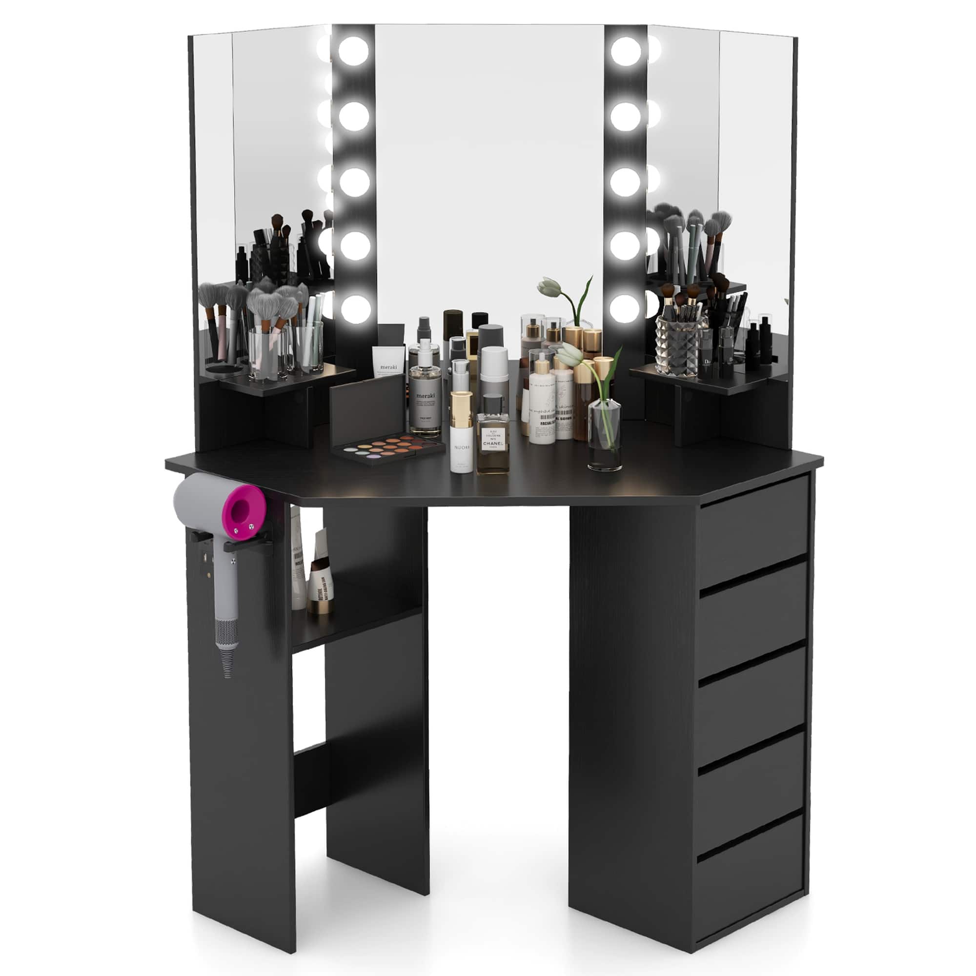 Front. Costway - Costway Corner Vanity Desk Cosmetic Vanity Station with LED Mirror,& Power Outlets Black - Black.
