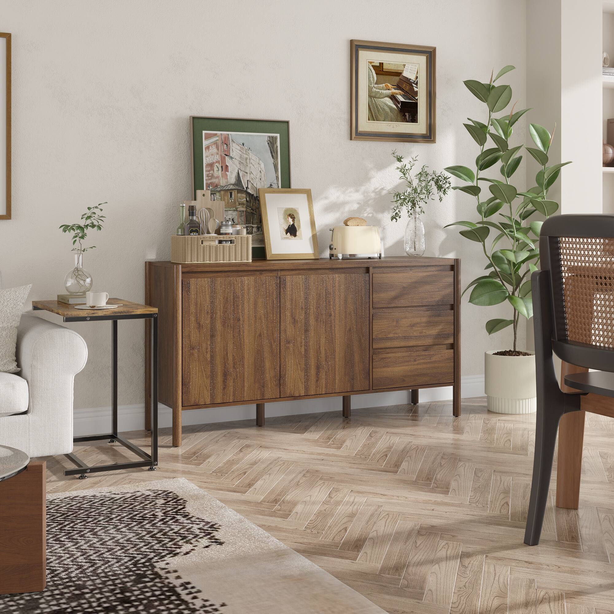 Alt View 4. Famapy - Famapy Wooden Buffet Cabinet: Solid Rubberwood Legs + Eco - Friendly Storage - Brown.