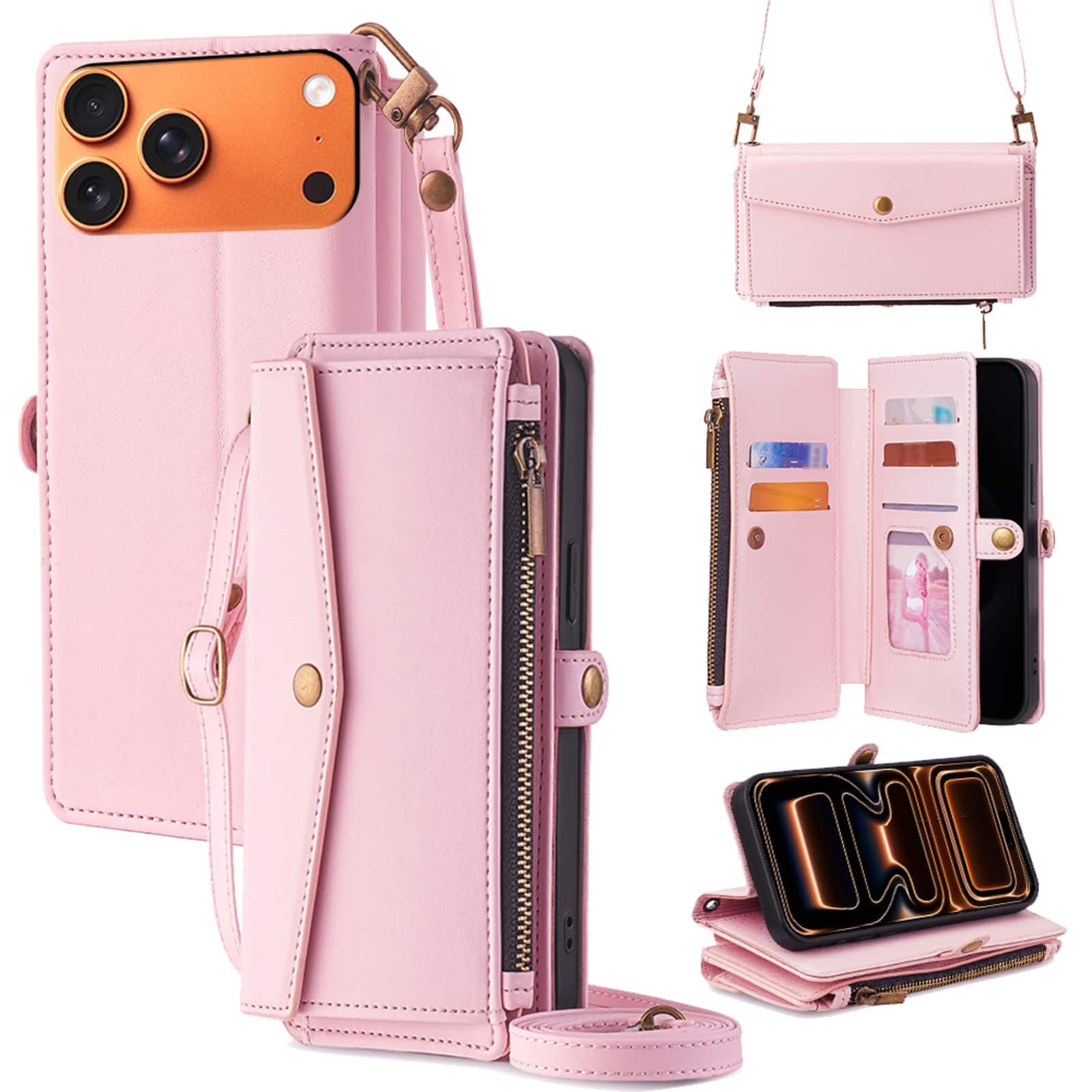 UUCOVER - For Apple iPhone 17 Pro Max PU Leather Wallet Case Stand Cover, Card Slots Cash Holder Zipper Pocket with Shoulder Strap - Pink price history on PriceWatchPro