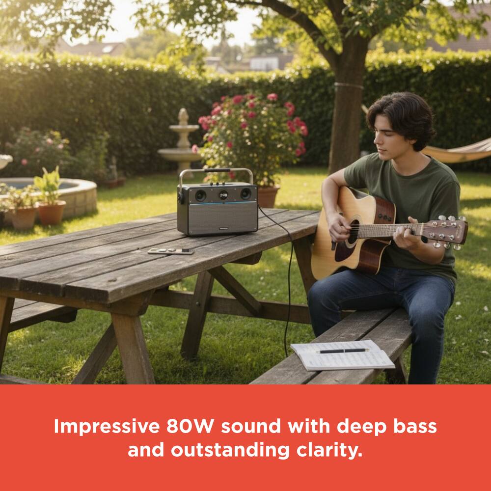 Impressive 80W sound with deep bass and outstanding clarity.