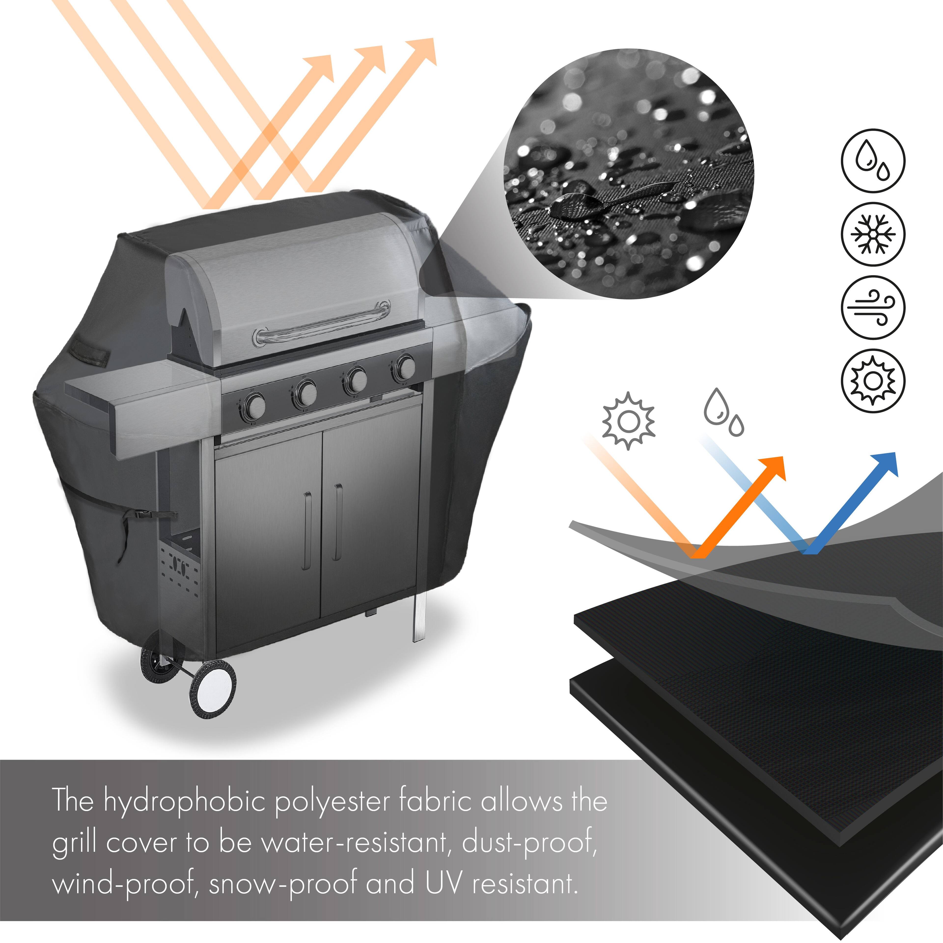 The hydrophobic polyester fabric allows the grill cover to be water-resistant, dust-proof, wind-proof, snow-proof, and UV resistant.