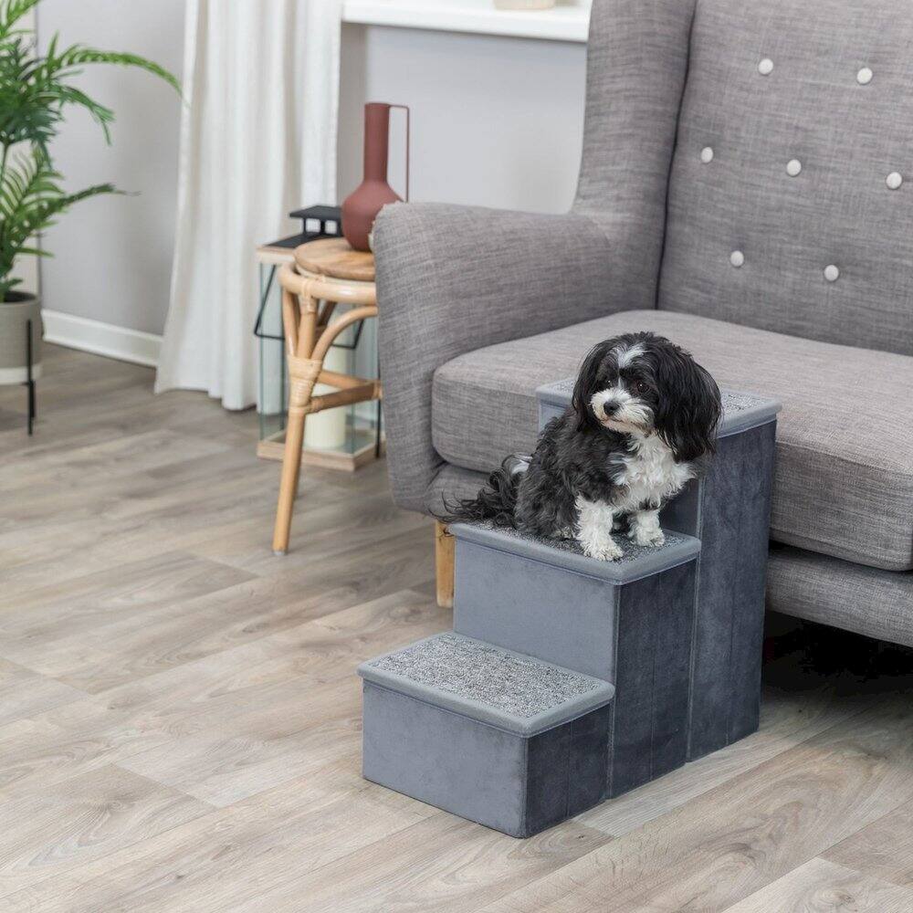Angle. TRIXIE - 3-Step Foldable Velour Pet Stairs with Storage, Gray - Gray.
