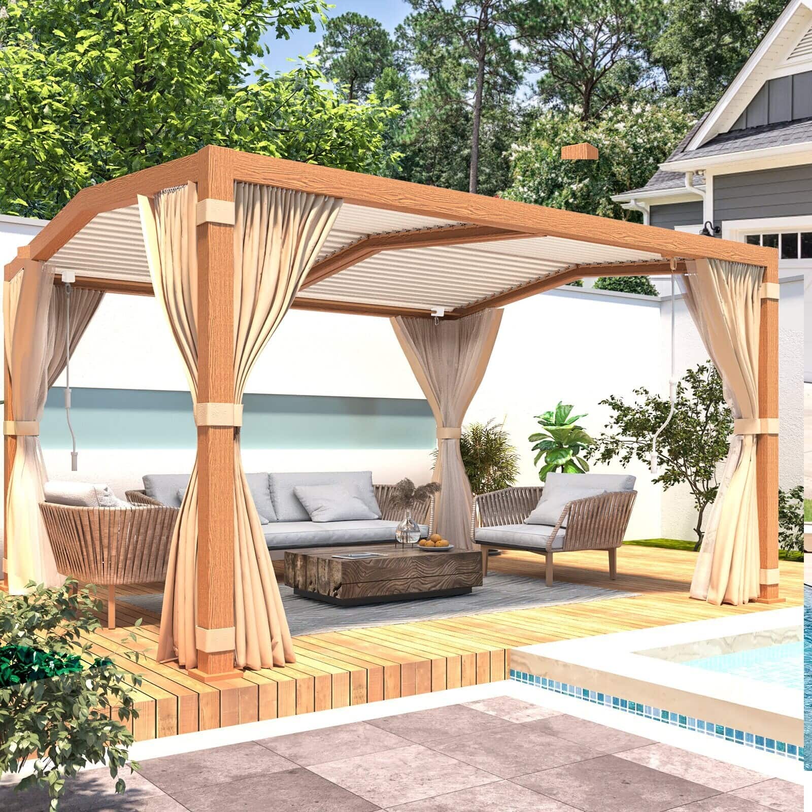 U-HOMY - 11x13 Aluminum Outdoor Pergola with Adjustable Rainproof Louvers and Drainage System for Patio or Deck - Wood