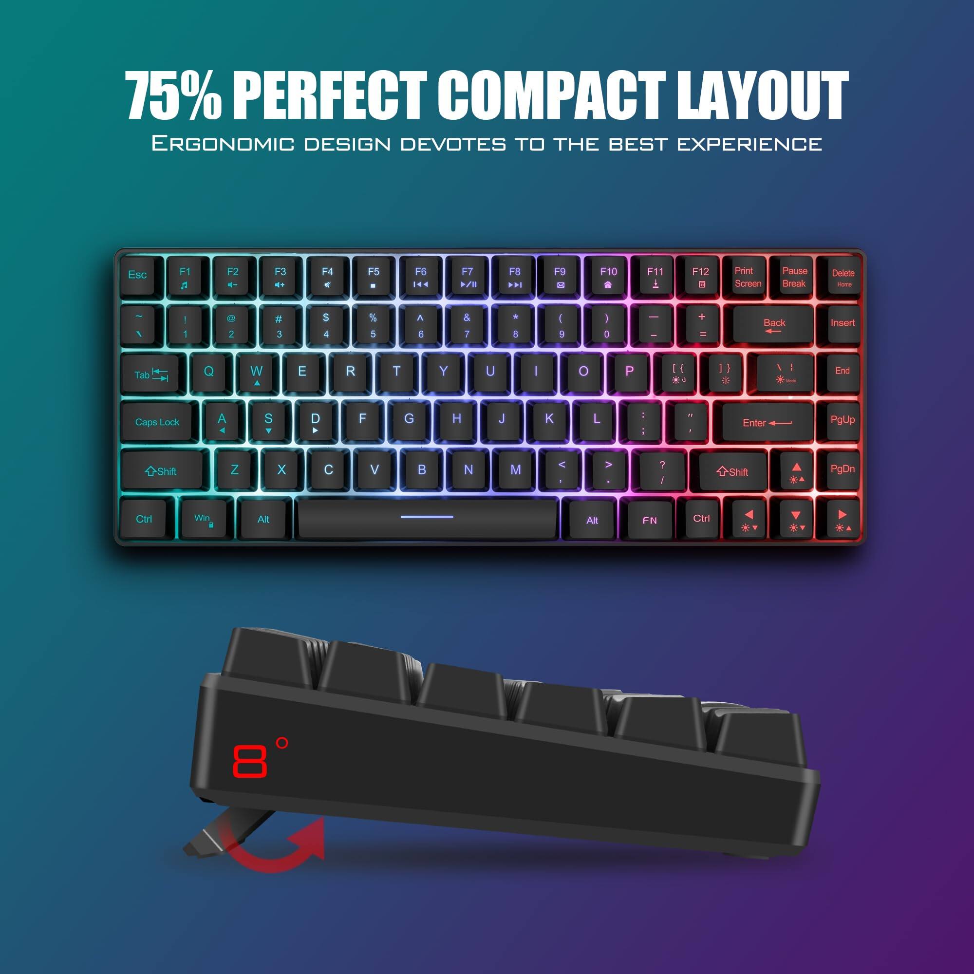 75% PERFECT COMPACT LAYOUT  
ERGONOMIC DESIGN DEVOTES TO THE BEST EXPERIENCE  

Esc F1 F2 F3 F4 F5 F6 F7 F8 F9 F10 F11 F12  
Print Screen Pause Break Delete  
1 2 3 4 5 6 7 8 9 0 - = Backspace  
Tab Q W E R T Y U I O P [ ] \  
Caps Lock A S D F G H J K L ; ' Enter  
Shift Z X C V B N M , . / Shift  
Ctrl Win Alt FN Ctrl  
PgUp PgDn