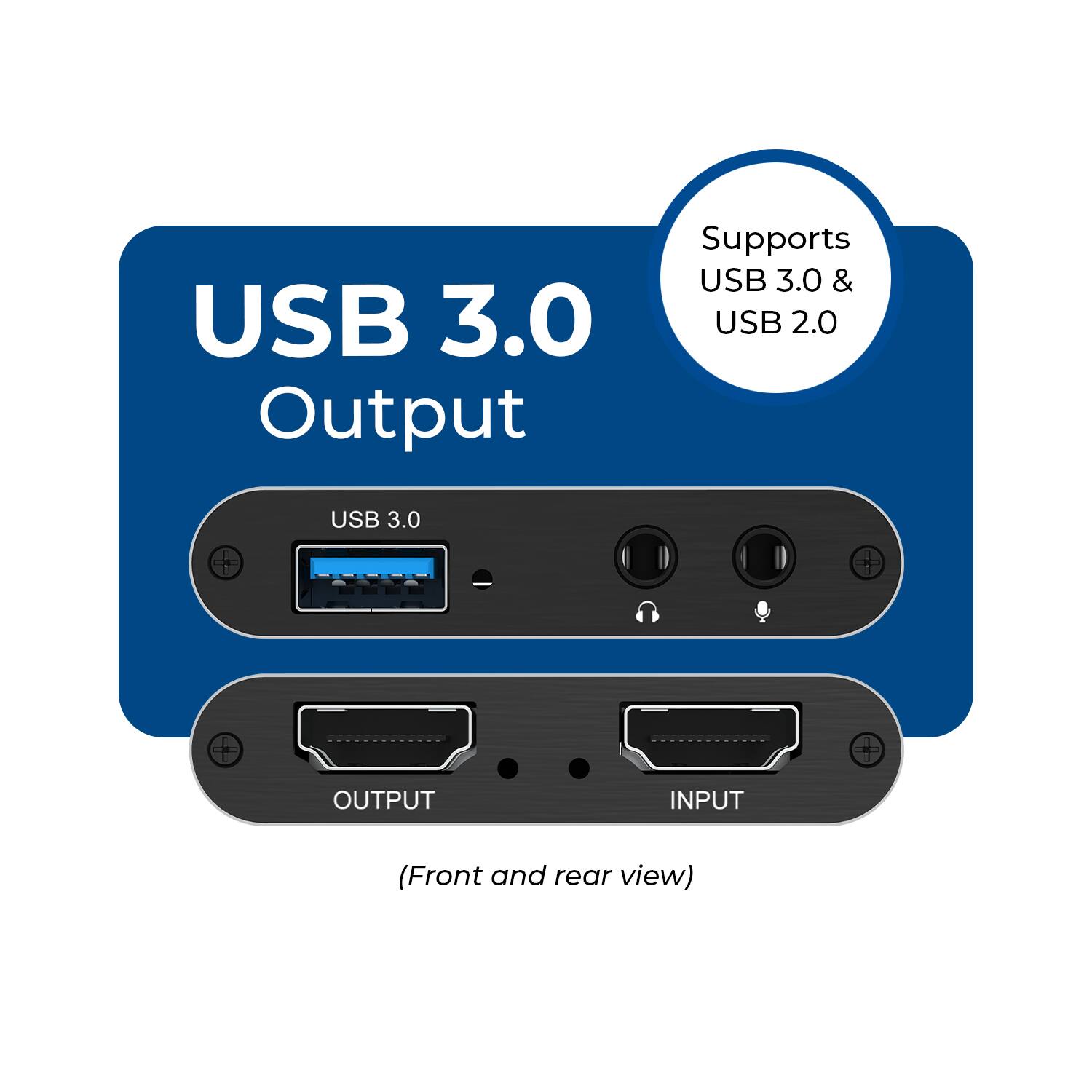 USB 3.0 Output Supports USB 3.0 & USB 2.0  
USB 3.0 OUTPUT INPUT (Front and rear view)
