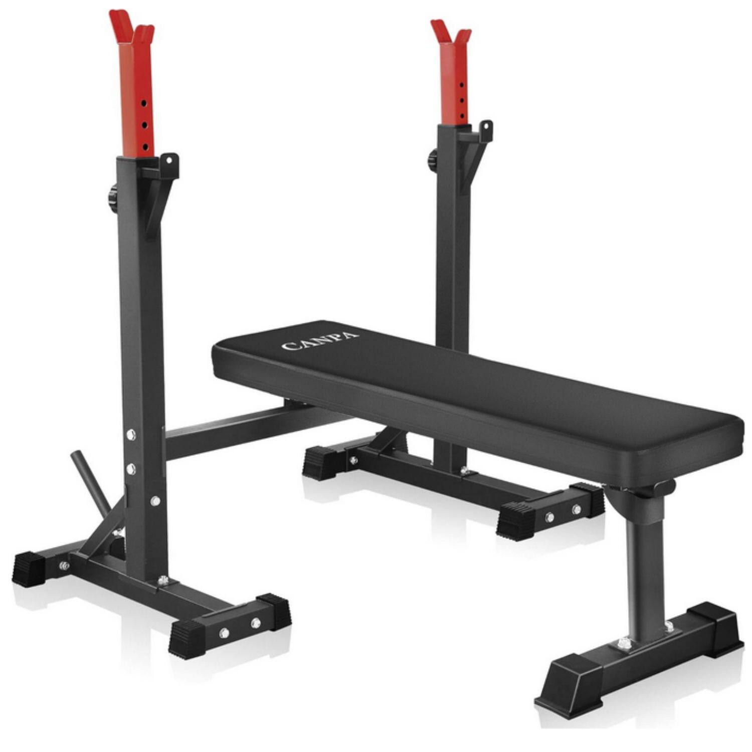 Front. KERDOM - Adjustable Height Weightlifting Set, Weight Bench + Squat Rack, Foldable Fitness Bench Press Barbell Rack Stand Home Gym - Red.