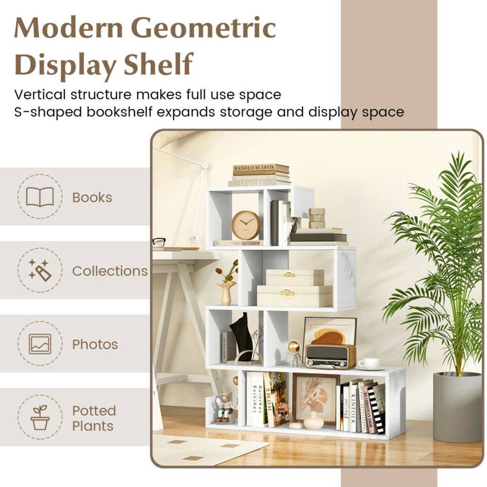 Modern Geometric Display Shelf

Vertical structure makes full use space  
S-shaped bookshelf expands storage and display space

- Books
- Collections
- Photos
- Potted Plants