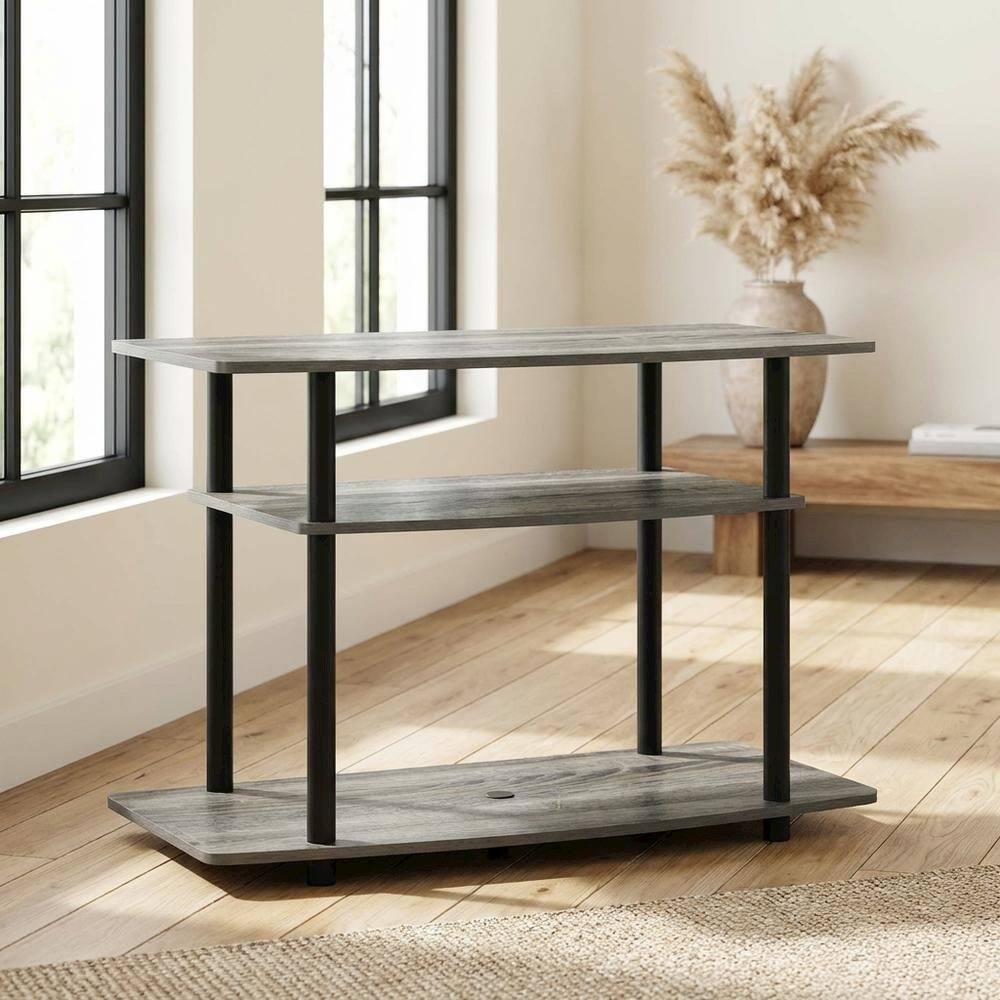 Alt View 2. FurniFact - Wooden TV stand with French Oak Grey and Black finish, 3-Tier, No Tools Assembly - Gray Black.