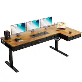 AODK - 63" L-Shaped Electric Standing Desk with Drawers, Power Outlets & Height Adjustable Sit-Stand Workstation - Brown