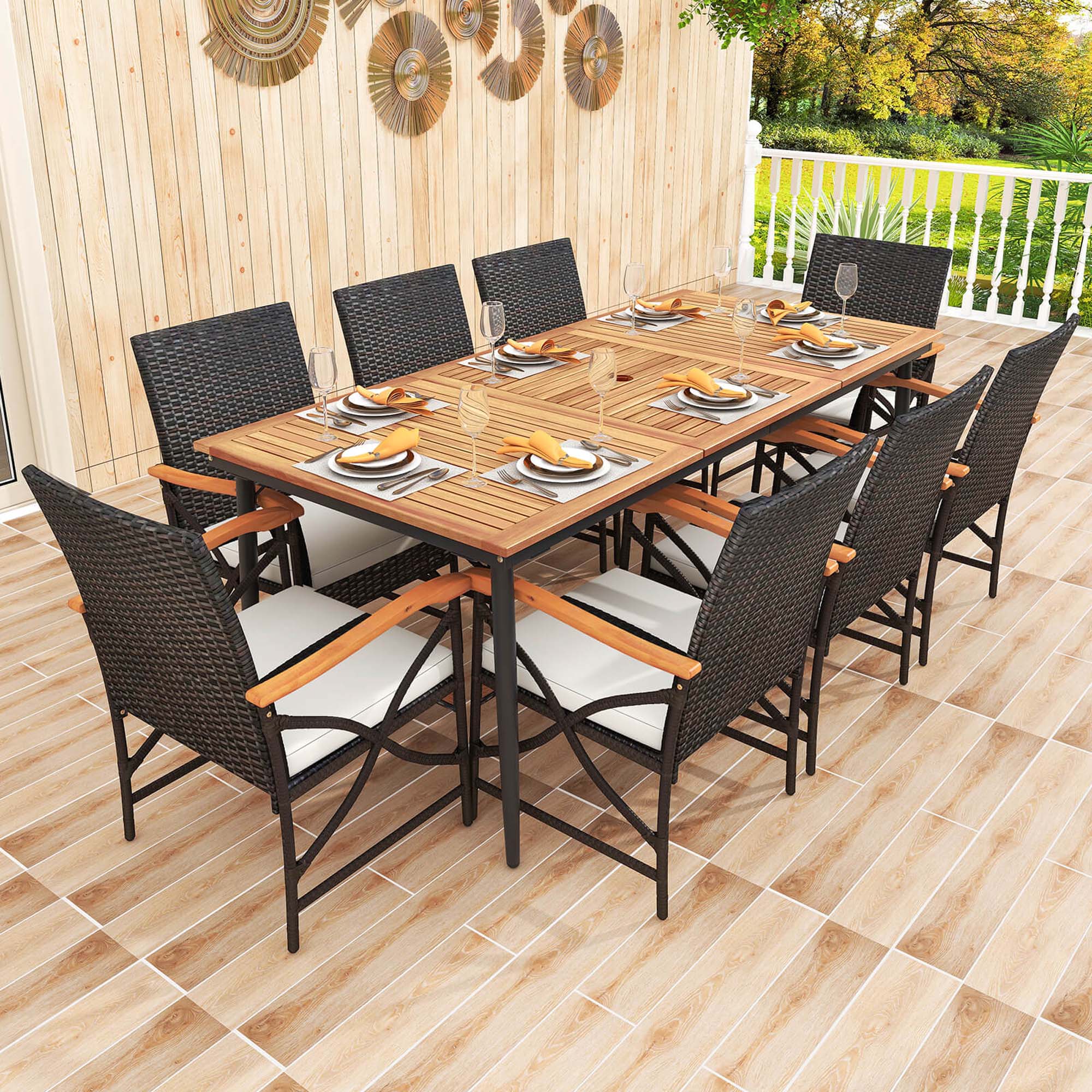Alt View 4. Costway - 9 PCS Patio Dining Set with 1.9" Umbrella Hole X-frame Armrests Seat Cushions - Natural & Black,Mix Brown,Off White.