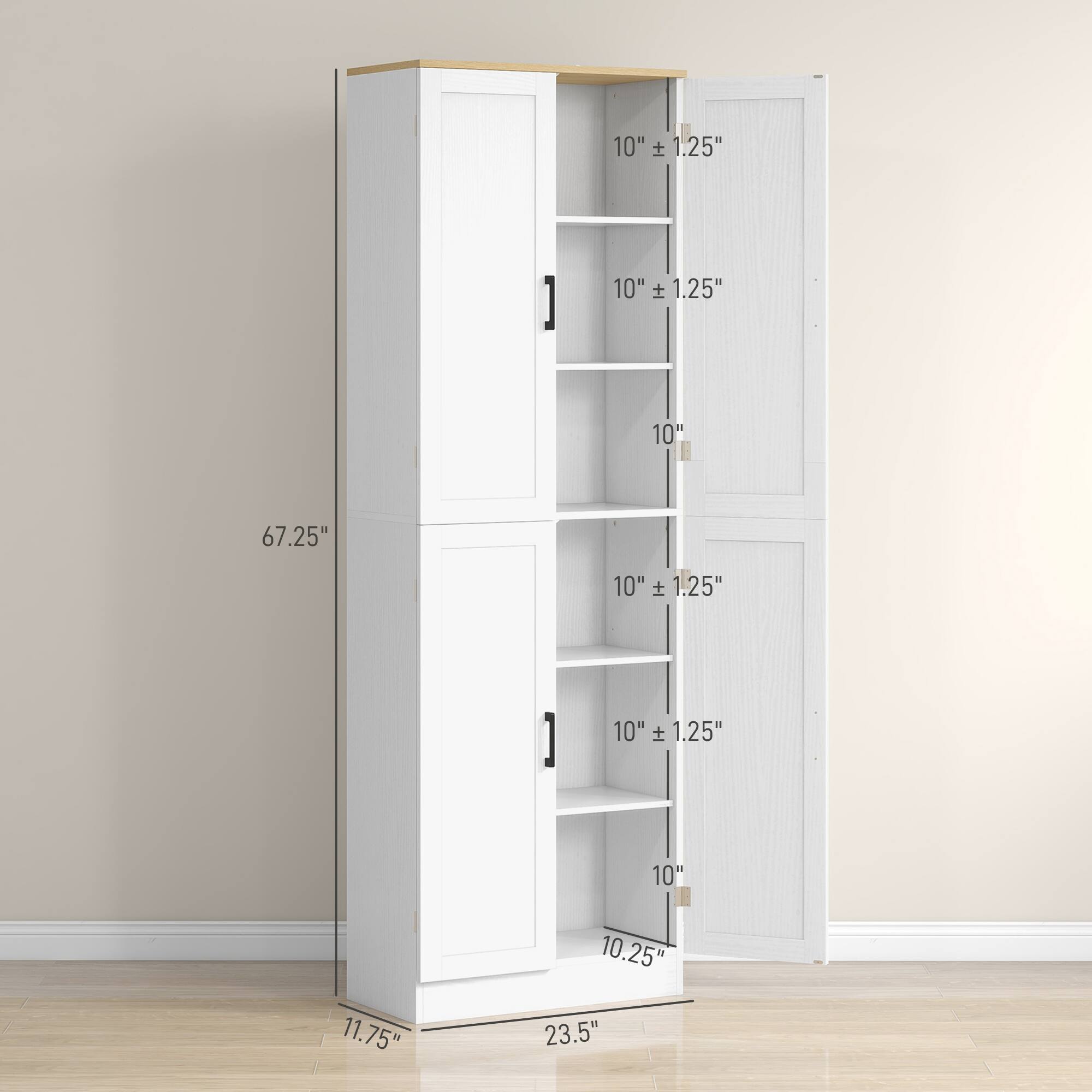 The text on the image is grouped as follows:

- Width of each shelf: 10" ± 1.25"
- Width of the cabinet door: 10.25"
- Height of the cabinet: 67.25"
- Depth of the cabinet: 11.75"
- Height of the top shelf: 23.5"