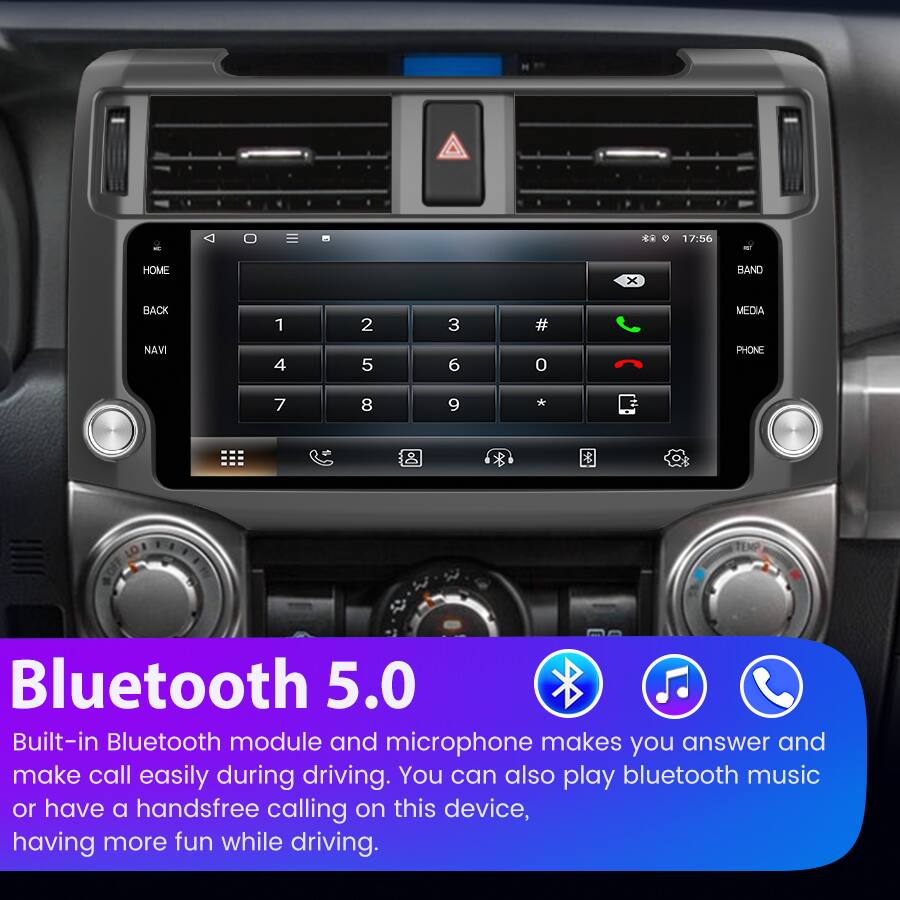* 17:56 HOME x BAND BACK 1 2 3 # MEDIA NAVI 4 5 6 0 PHONE 7 8 9 * Bluetooth 5.0

Built-in Bluetooth module and microphone makes you answer and make call easily during driving. You can also play bluetooth music or have a handsfree calling on this device, having more fun while driving.
