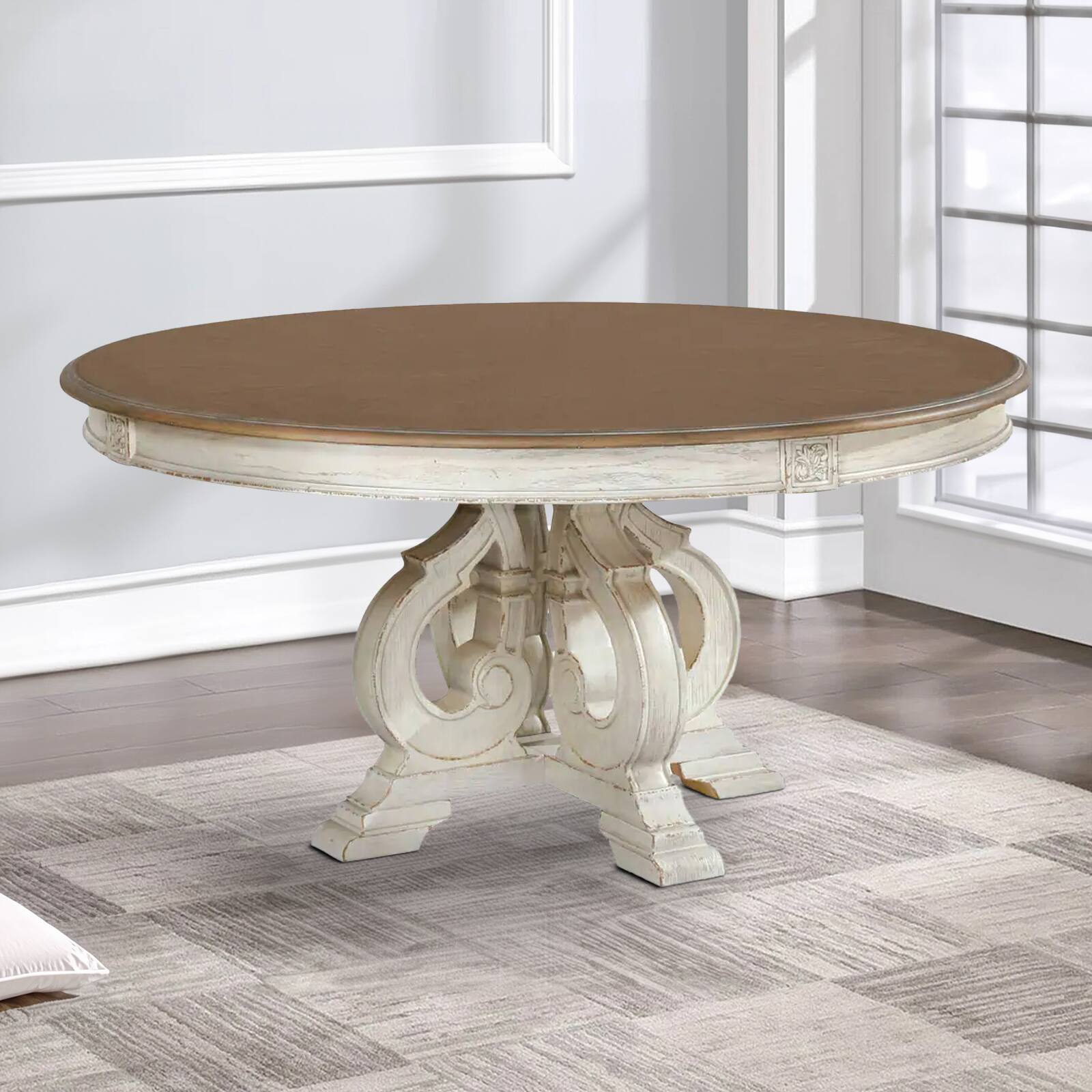 Alt View 5. Manhattan Lane - Dual Tone Round Wooden Dining Table with Pedestal Base, Antique White - White.