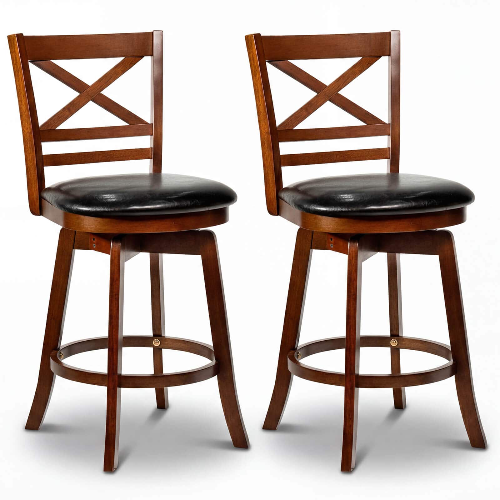 Costway - 25" Swivel Counter Barstools Set of 2 with Backrest & Faux Leather Upholstered Seat - Antique Walnut,Black