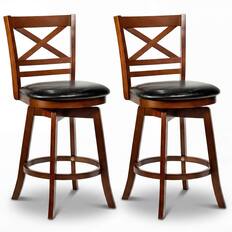 Front. Costway - Costway 25" Swivel Counter Barstools Set of 2 with Backrest & Faux Leather Upholstered Seat - Antique Walnut,Black.