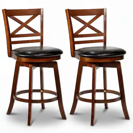 Front. Costway - Costway 25" Swivel Counter Barstools Set of 2 with Backrest & Faux Leather Upholstered Seat - Antique Walnut,Black.