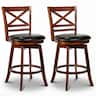 Costway - 25" Swivel Counter Barstools Set of 2 with Backrest & Faux Leather Upholstered Seat - Antique Walnut,Black