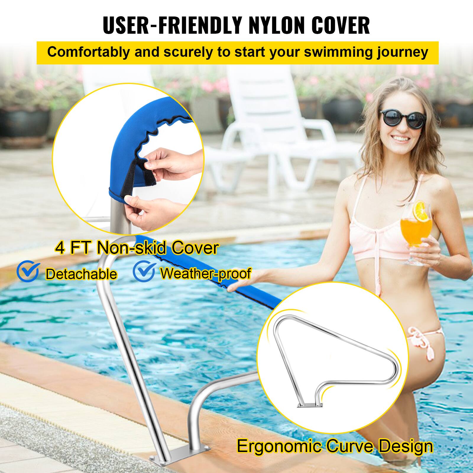 USER-FRIENDLY NYLON COVER  
Comfortably and securely to start your swimming journey  

4 FT Non-skid Cover  
✓ Detachable  
✓ Weather-proof  

Ergonomic Curve Design