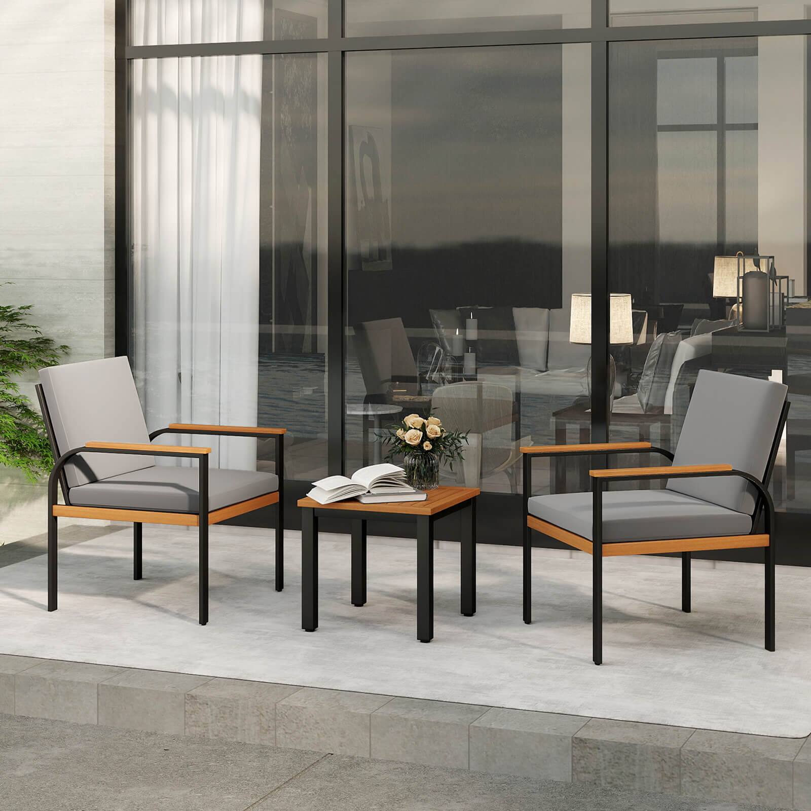 Alt View 1. Costway - Costway 3 PCS Patio Furniture Set with Coffee Table Removable Cushions Acacia Wood Armrests - Gray.