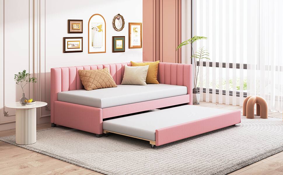 Alt View 10. Tiramisubest - Upholstered Daybed with Trundle Twin Size Sofa Bed Frame No Box Spring Needed, Linen Fabric(Pink) - Pink.