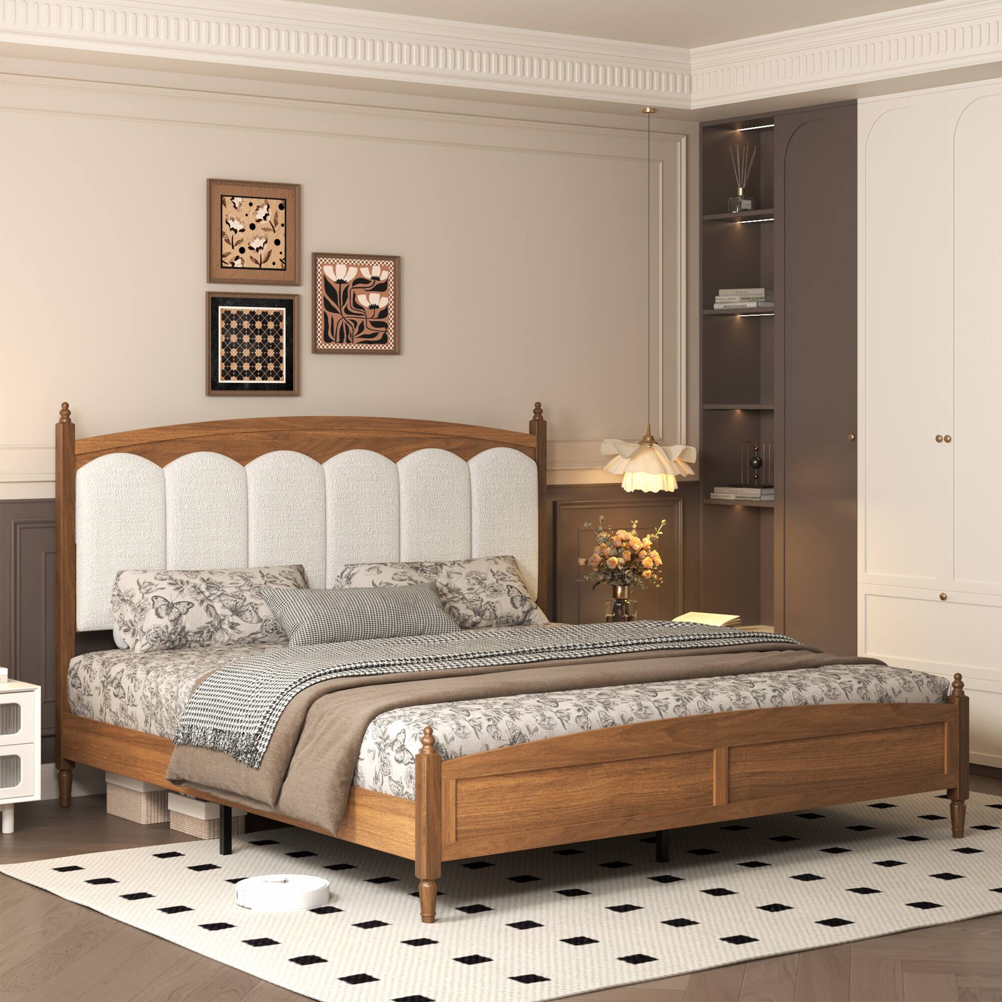 Angle. LUCKY ONE - King Size Platform Bed Frame with Upholstered Headboard - Brown.