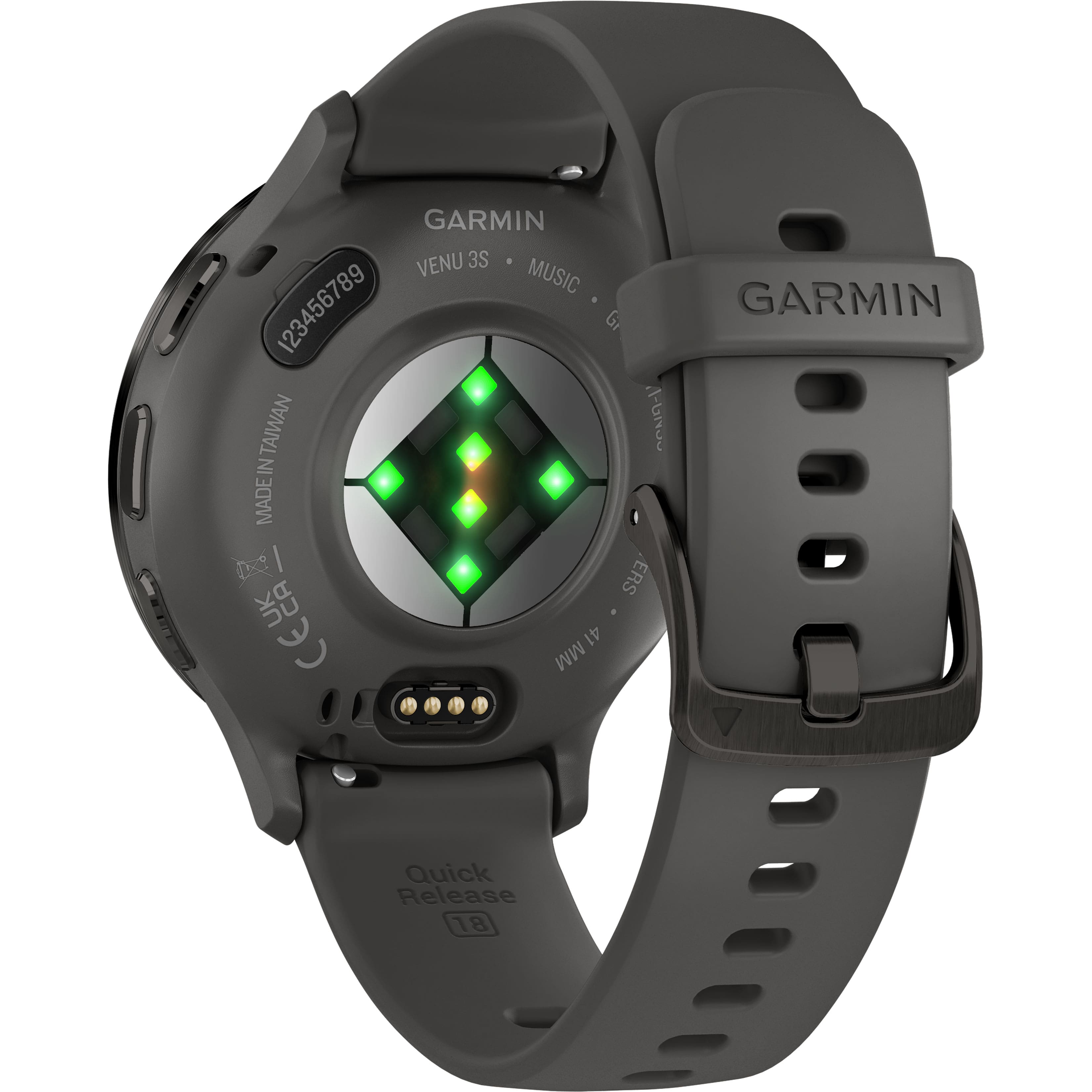 The text on the image reads: "GARMIN VENU 3S MUSIC 123456789 GARMIN G TAIWAN A-GNJO IN MADE ERS CEL EL MM 41 Quick Release 18."