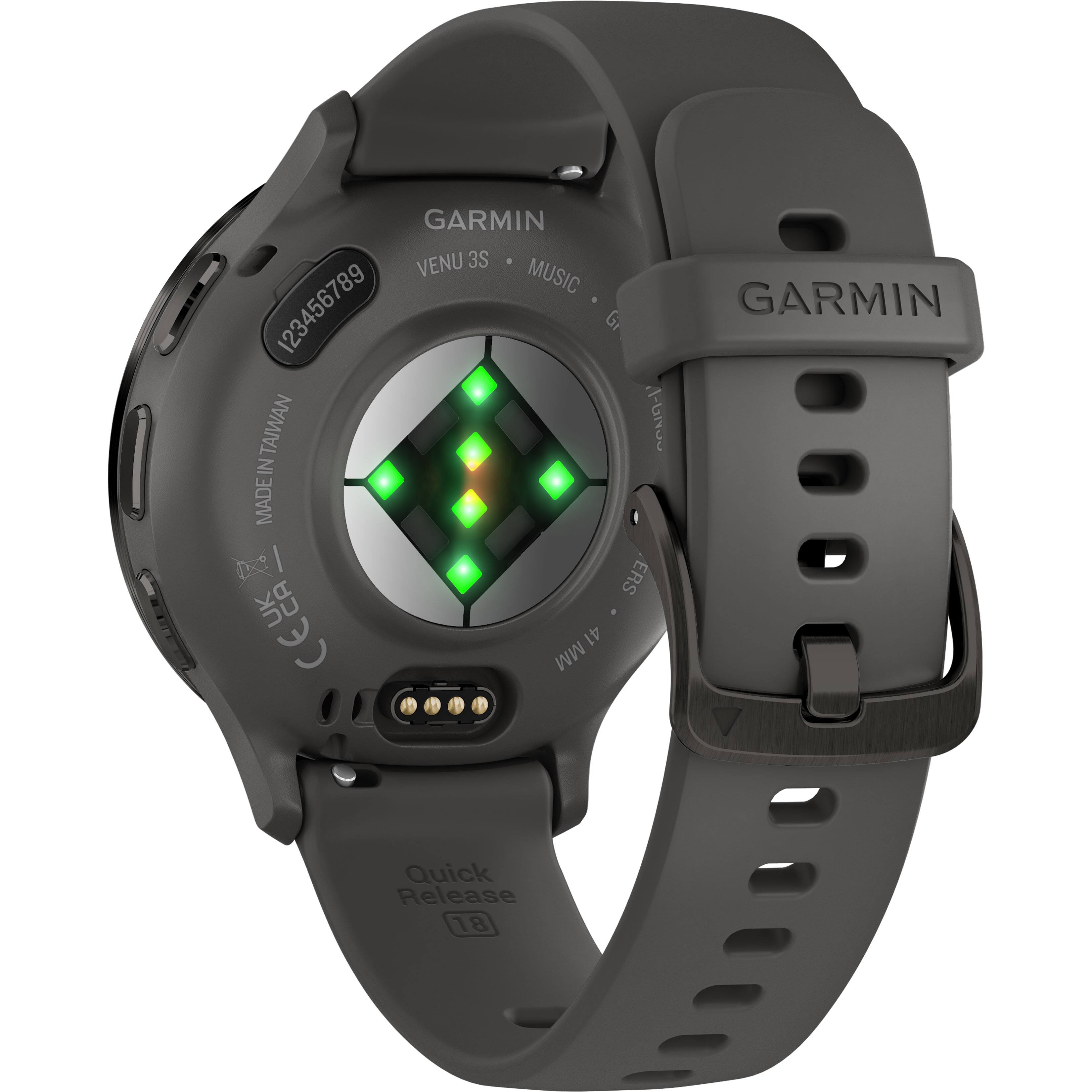 The text on the image reads: "GARMIN VENU 3S MUSIC 123456789 GARMIN G TAIWAN A-GNJO IN MADE ERS CEL EL MM 41 Quick Release 18."