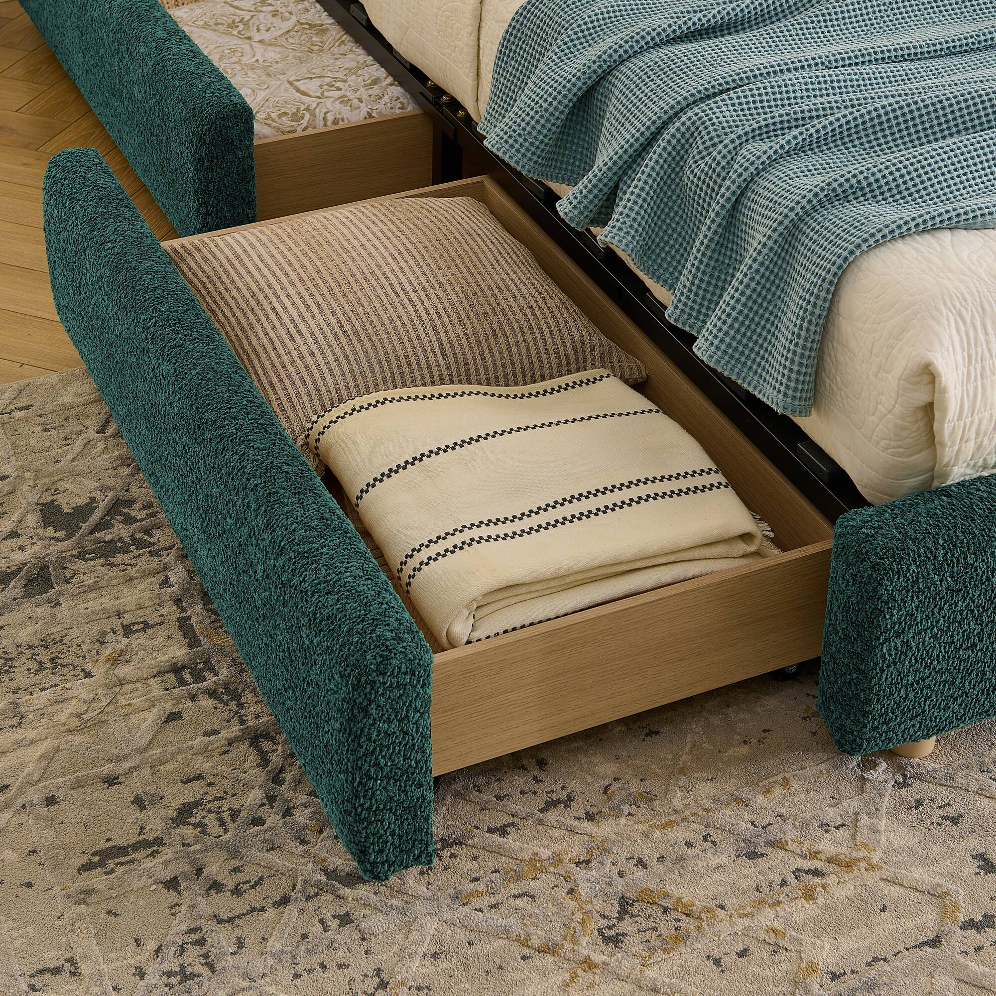 Back. Anysun - Queen Minimalist Upholstered Bed Frame - Circle Yarn Fabric, Curved Headboard, Wheeled Drawer Storage - Green.