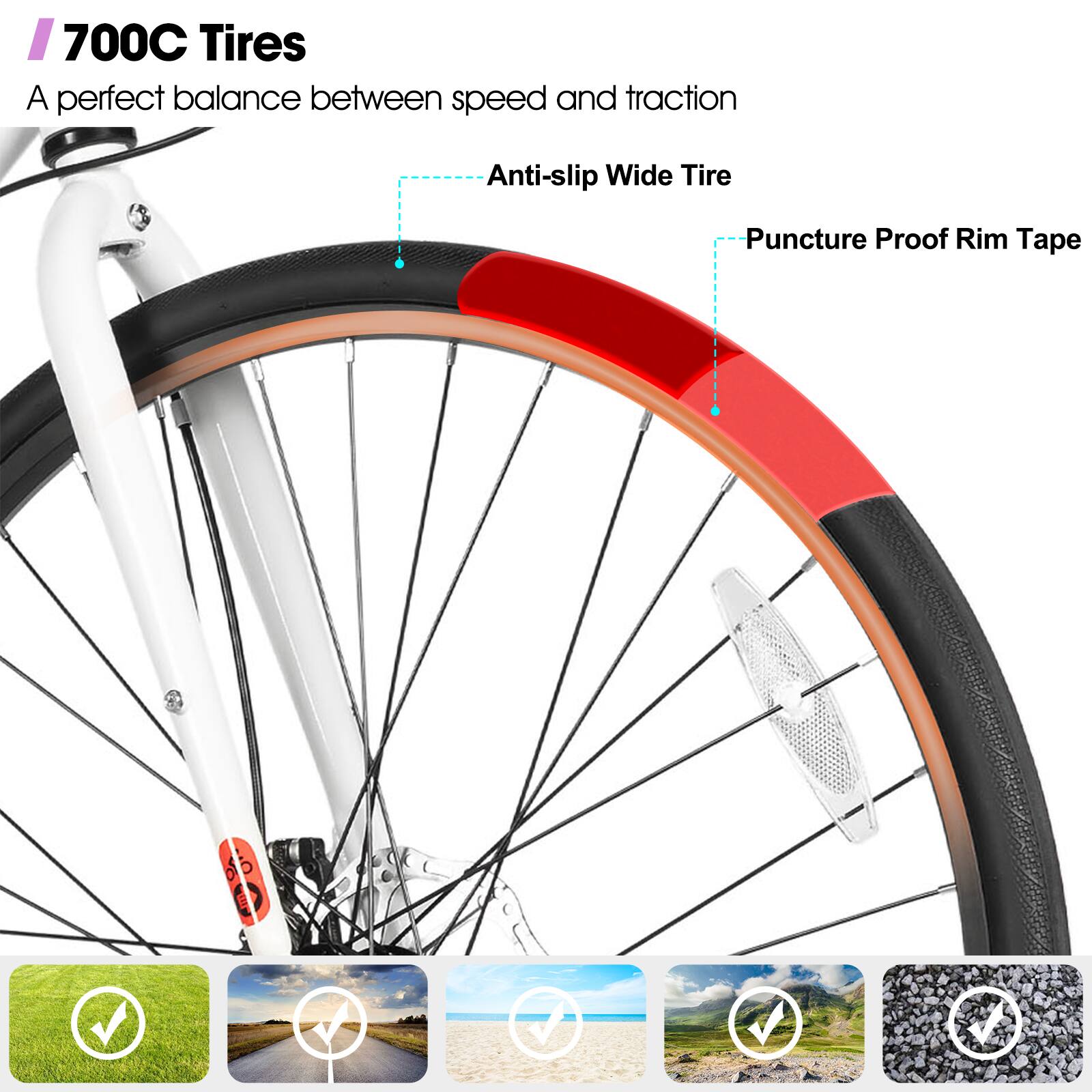 700C Tires, A perfect balance between speed and traction, Anti-slip Wide Tire, Puncture Proof Rim Tape