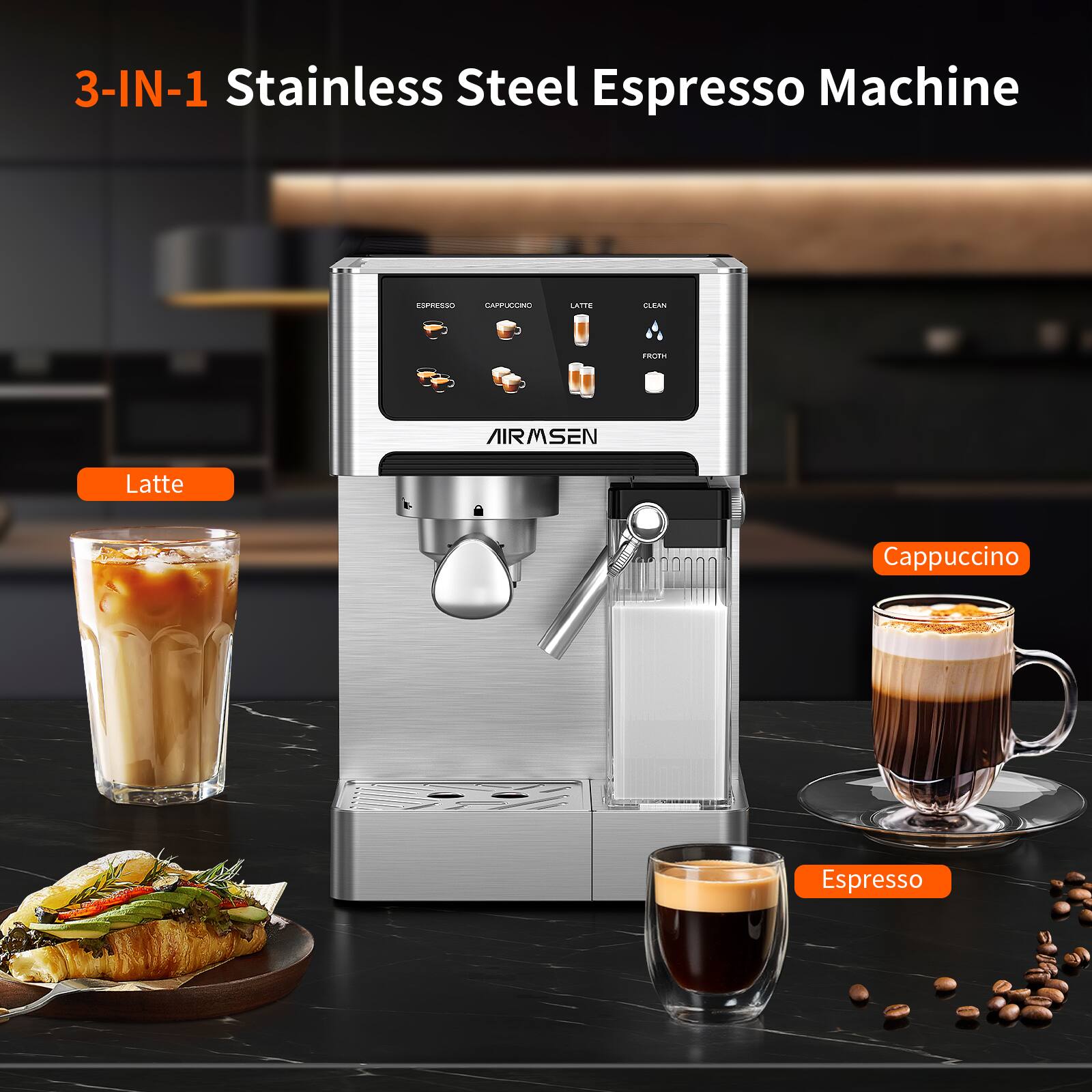 3-IN-1 Stainless Steel Espresso Machine, Latte, Cappuccino, Espresso