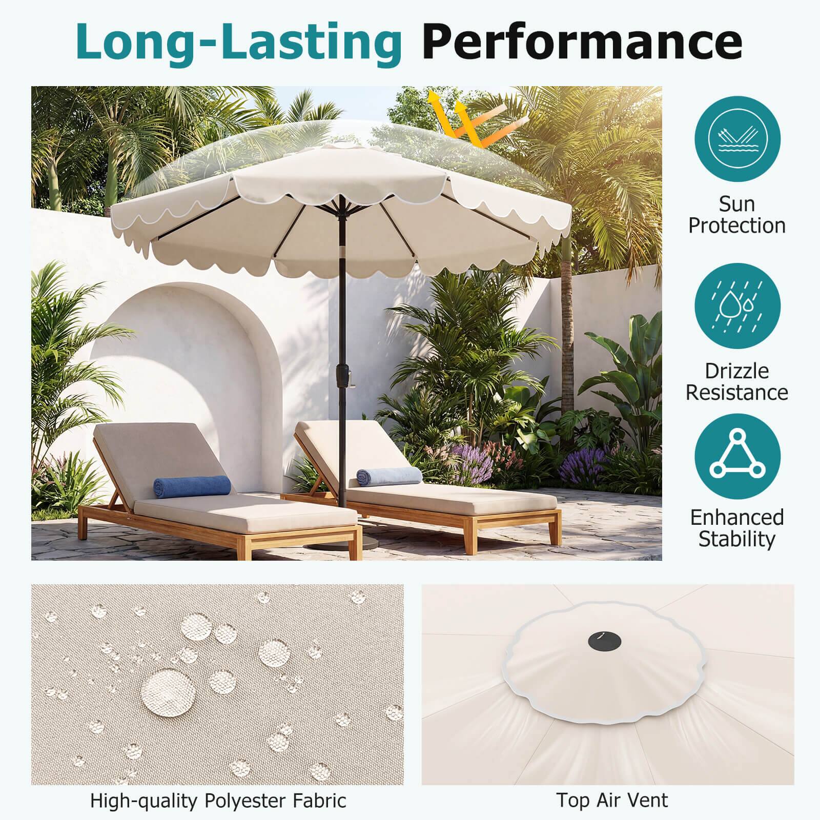 Long-Lasting Performance  
Sun Protection  
Drizzle Resistance  
Enhanced Stability  
High-quality Polyester Fabric  
Top Air Vent