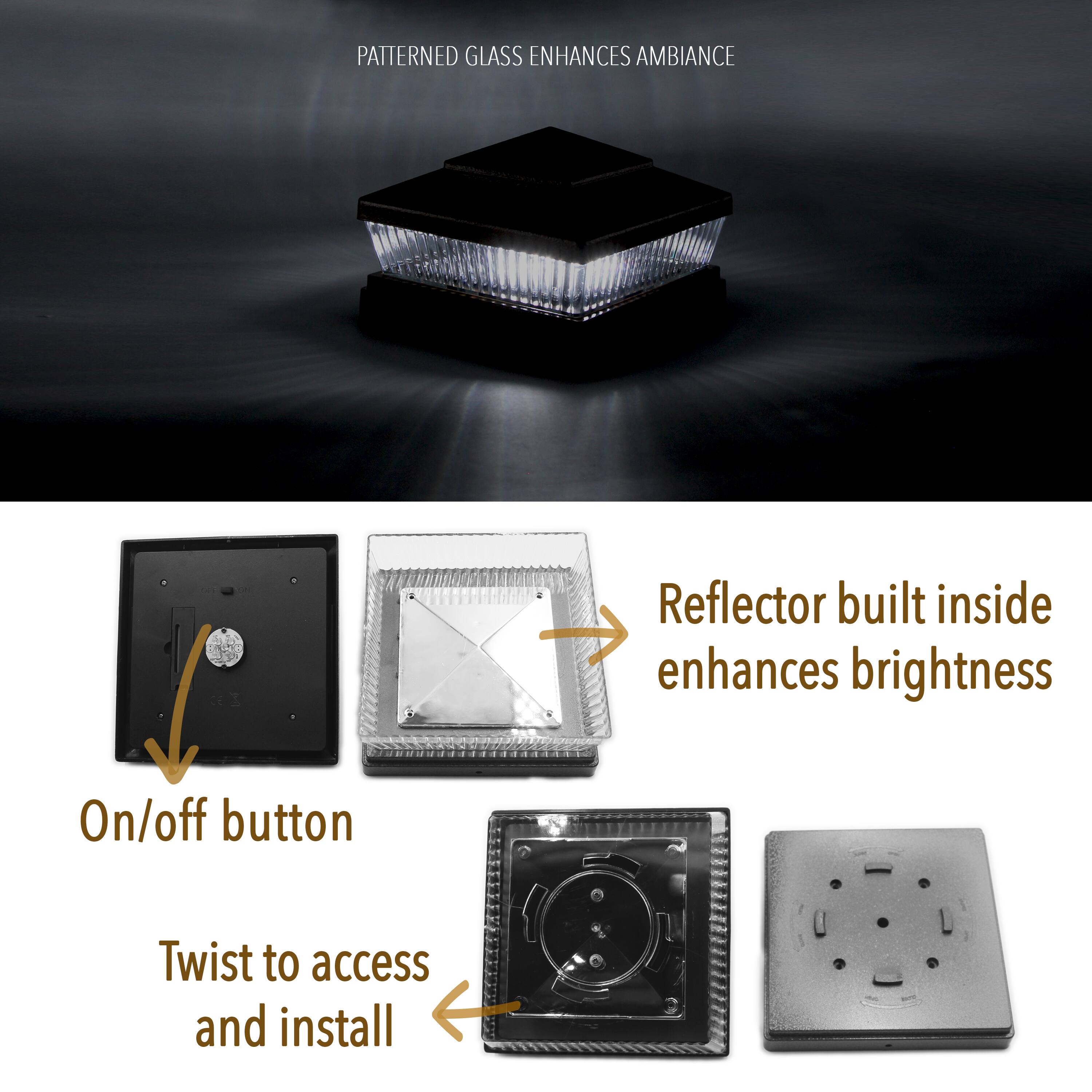 PATTERNED GLASS ENHANCES AMBIANCE

Reflector built inside enhances brightness

On/off button

Twist to access and install