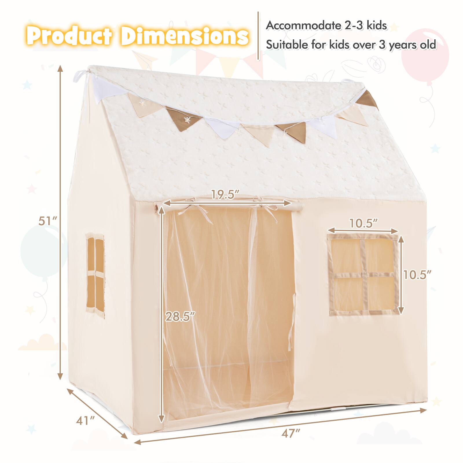 Accommodate 2-3 kids  
Suitable for kids over 3 years old  

Product Dimensions  
19.5" x 51" x 10.5" x 10.5" x 28.5" x 41" x 47"