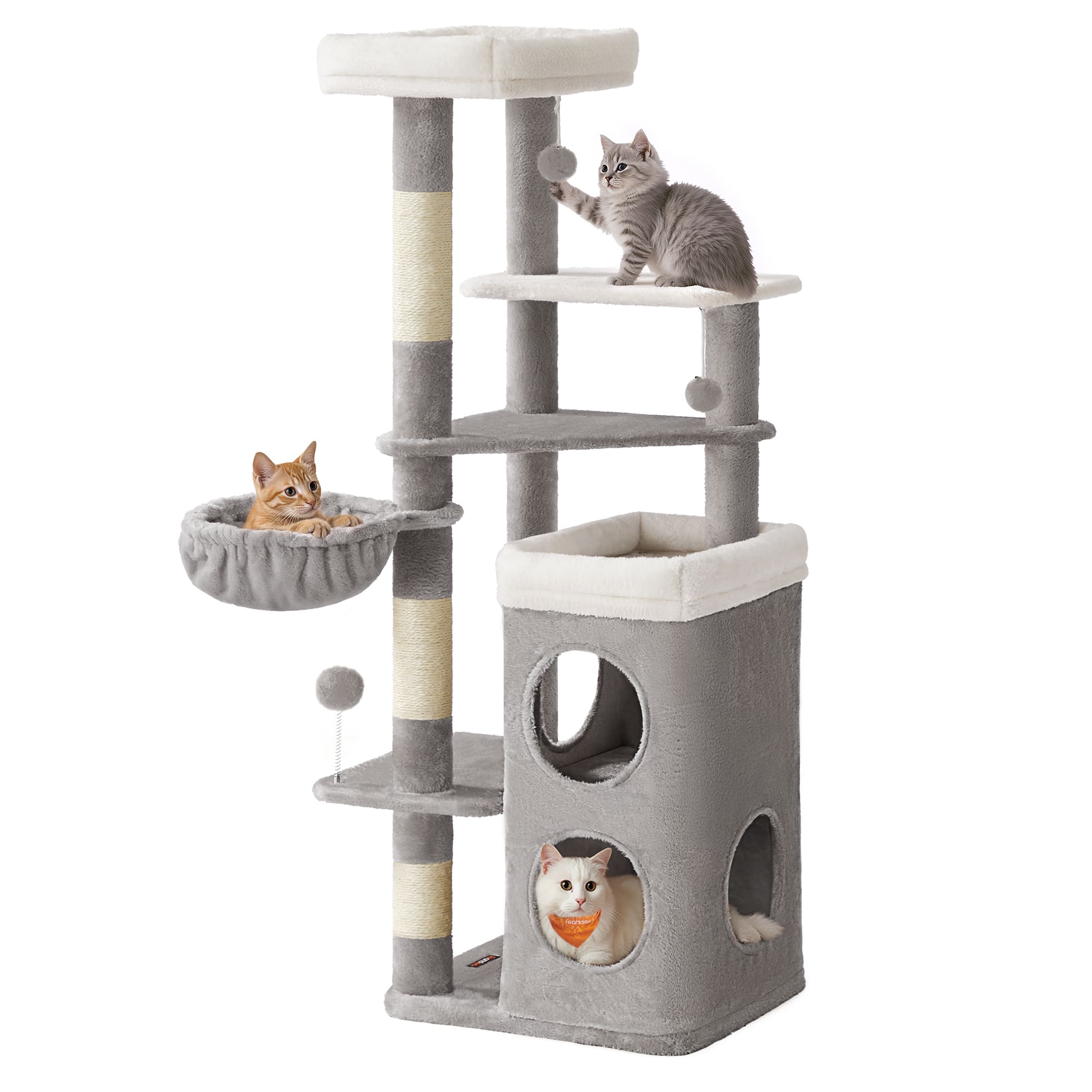 Songmics Home - Cat Tree, 60-Inch Cat Tower, Multiple-Level Plush Condo with 2 Caves, 3 Scratching Posts, 3 Perches - Dove Gray