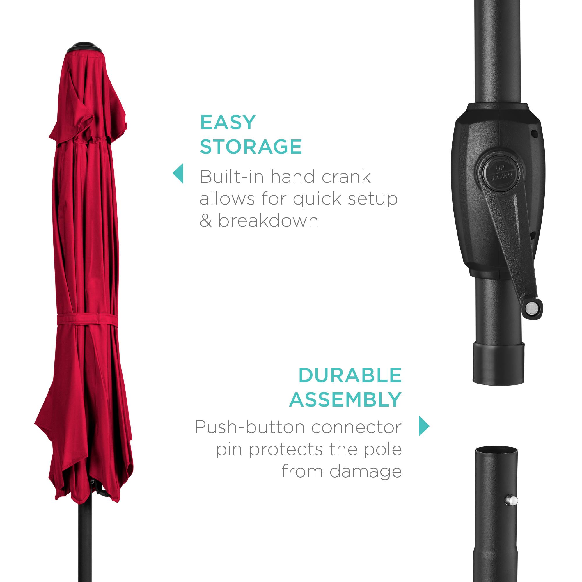EASY STORAGE  
Built-in hand crank allows for quick setup & breakdown  

DURABLE ASSEMBLY  
Push-button connector pin protects the pole from damage