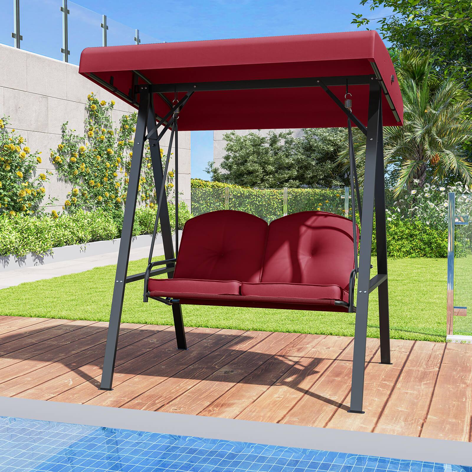 Alt View 4. Costway - Costway 2-Person Outdoor Porch Swing Swing Loveseat with A-Shaped Metal Stand - Wine.