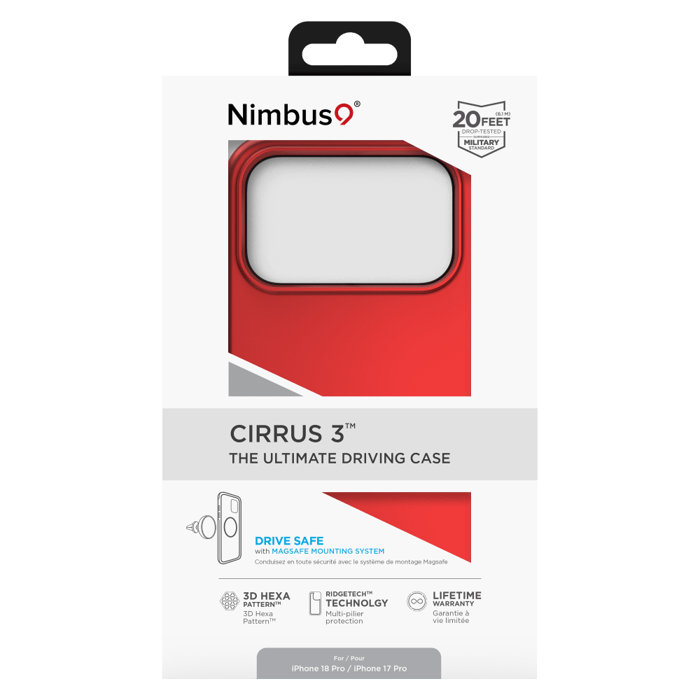 Nimbus  
(6JM) 20FEET DROP-TESTED  
MILITARY STANDARD  
CIRRUS 3" THE ULTIMATE DRIVING CASE  
DRIVE SAFE with MAGSAFE MOUNTING SYSTEM  
Conduisez en toute sécurité avec le système de montage MagSafe  
3D HEXA PATTERN  
RIDGETECH LIFETIME TECHNOLOGY 8 WARRANTY  
Multi-pilier Garantie à vie limitée  
For iPhone 18 Pro / iPhone 17 Pro
