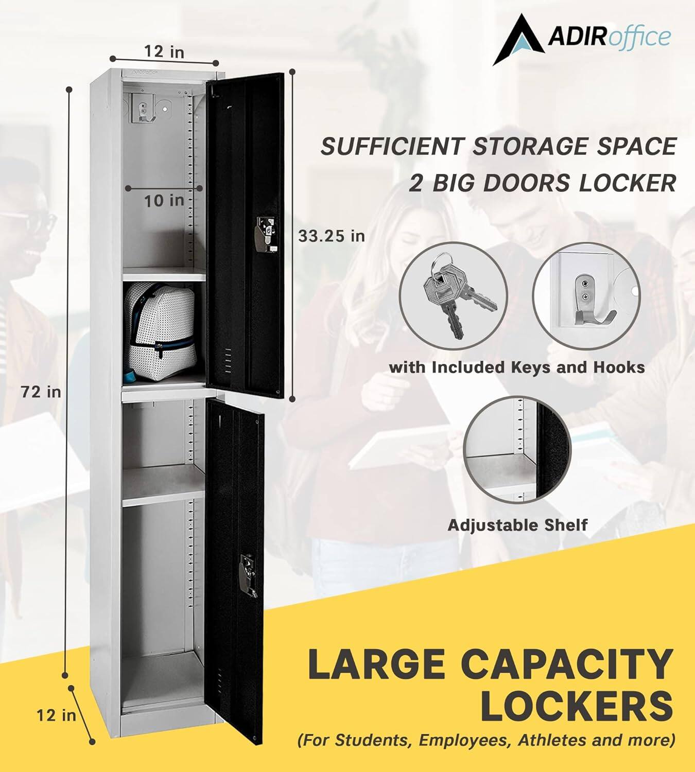 ADIRoffice, SUFFICIENT STORAGE SPACE, 2 BIG DOORS LOCKER, 12 in, 10 in, 33.25 in, 72 in, with Included Keys and Hooks, Adjustable Shelf, LARGE CAPACITY LOCKERS (For Students, Employees, Athletes and more)