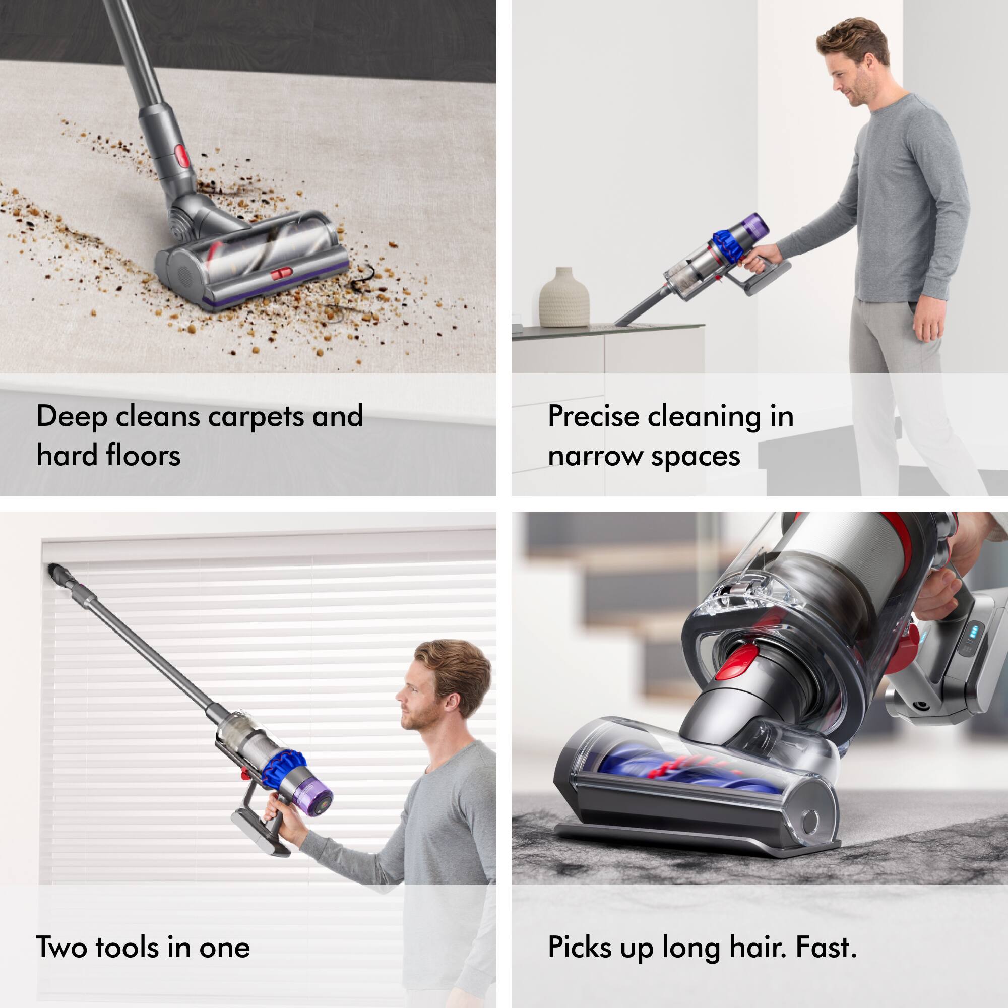 - Deep cleans carpets and hard floors
- Precise cleaning in narrow spaces
- Two tools in one
- Picks up long hair. Fast.