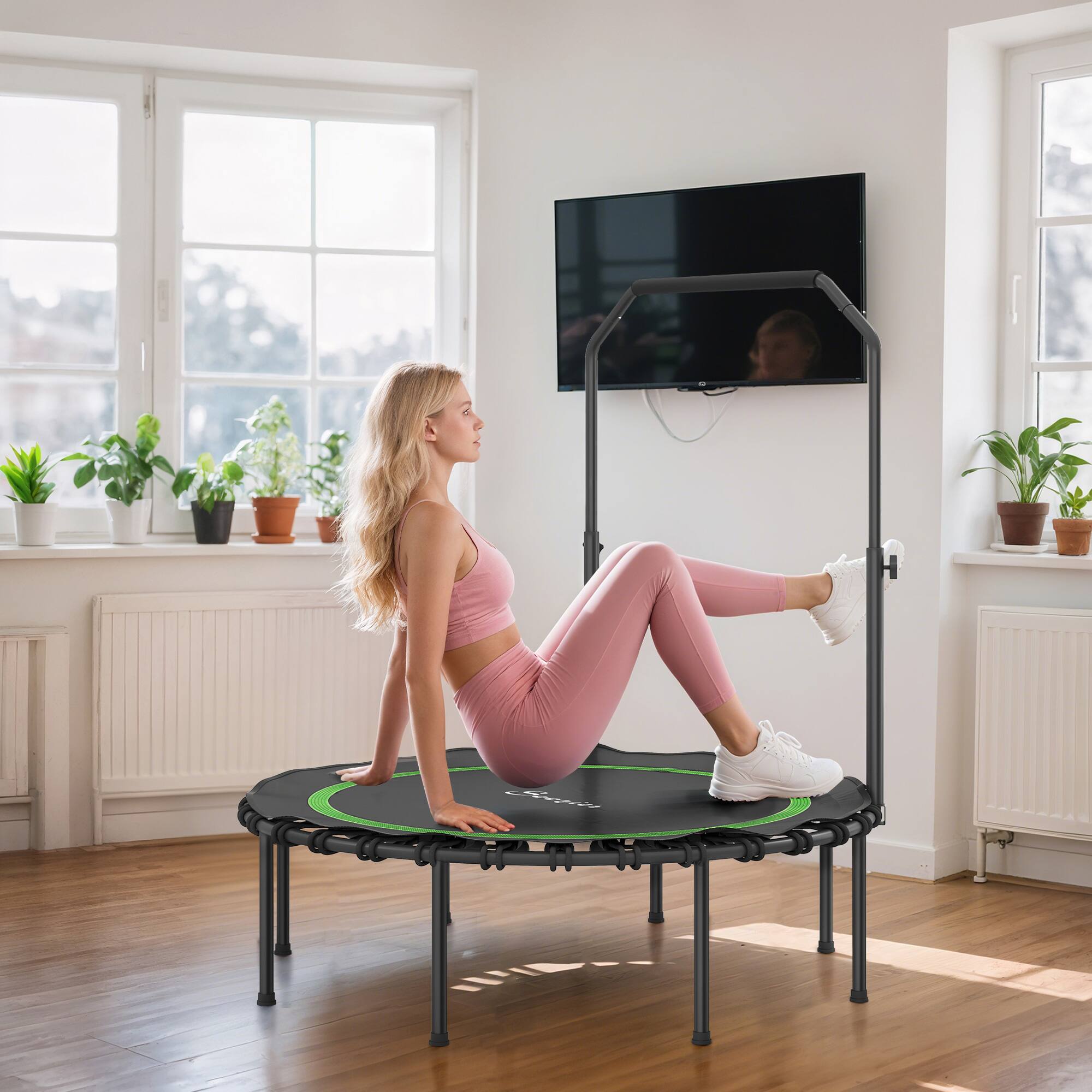 Alt View 8. Soozier - 45"/48" Rebounder Trampoline for Adults, Foldable Mini Trampoline with Adjustable Handle Bar - Green.