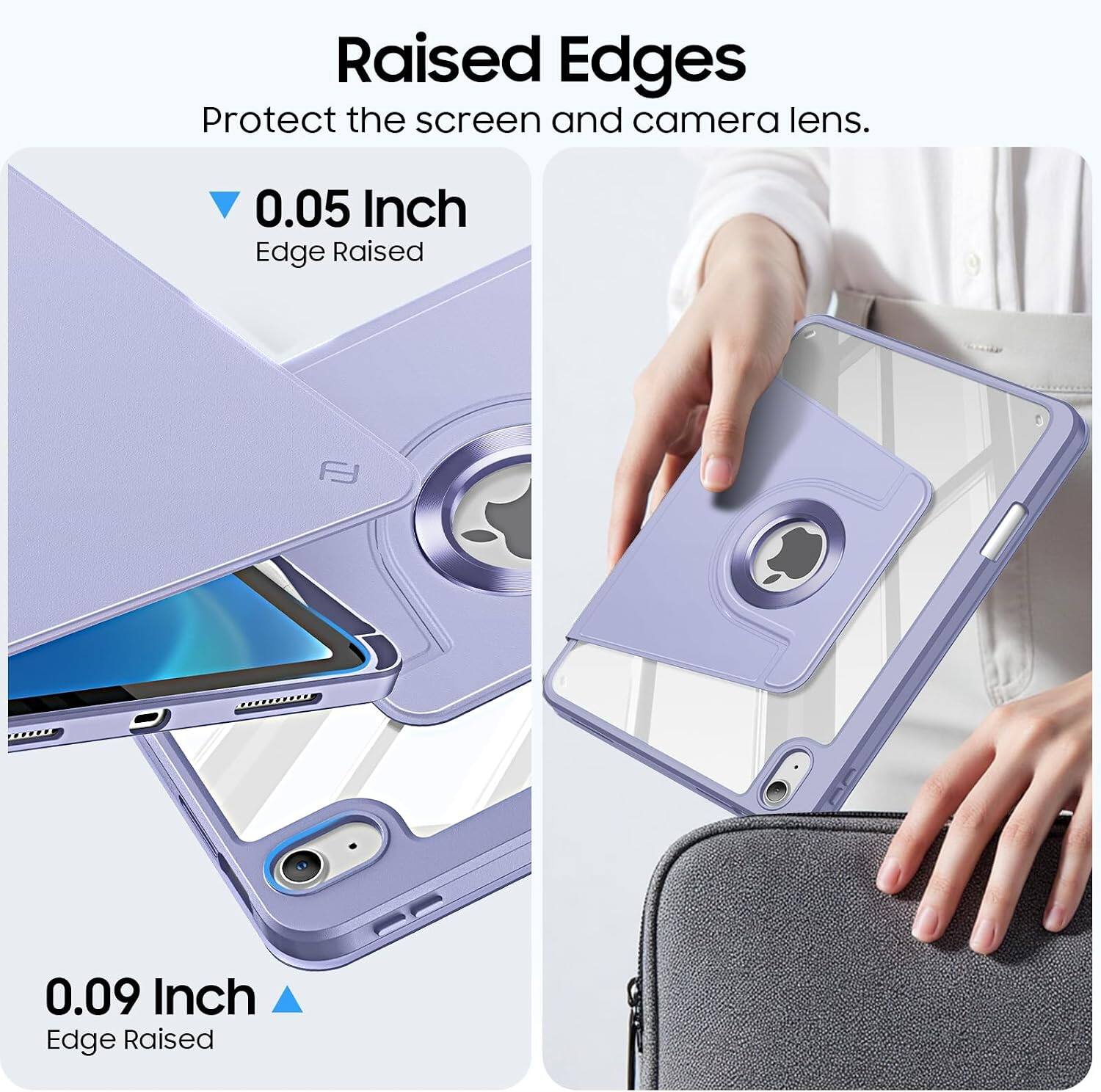 Raised Edges Protect the screen and camera lens.

0.05 Inch Edge Raised

0.09 Inch Edge Raised