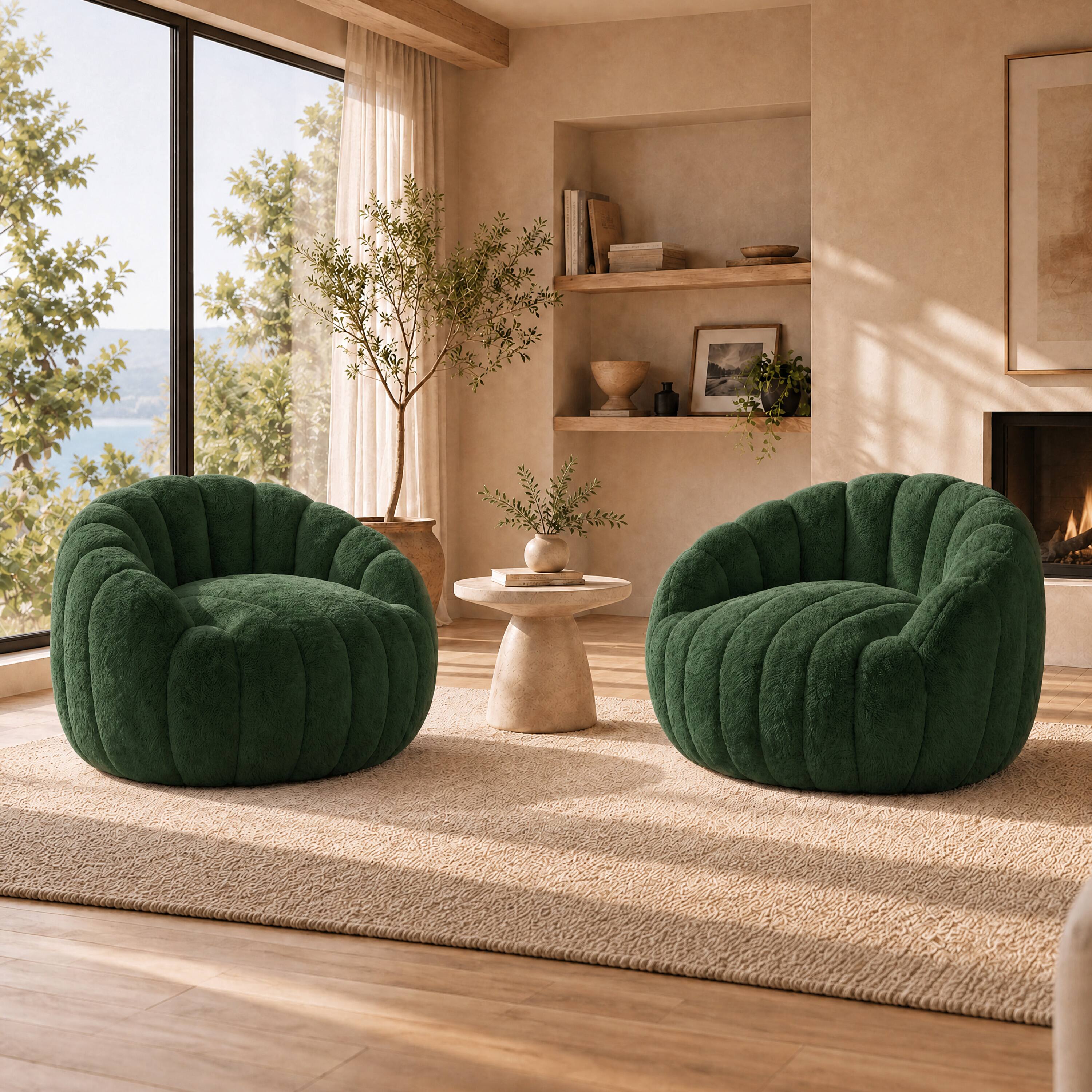 Back. Vipbear - Shell-Shaped Bean Bag Chair for Adults and Teens, Faux Fur Sofa Chair, Comfy Accent Chair  with Foam Filling - Green.